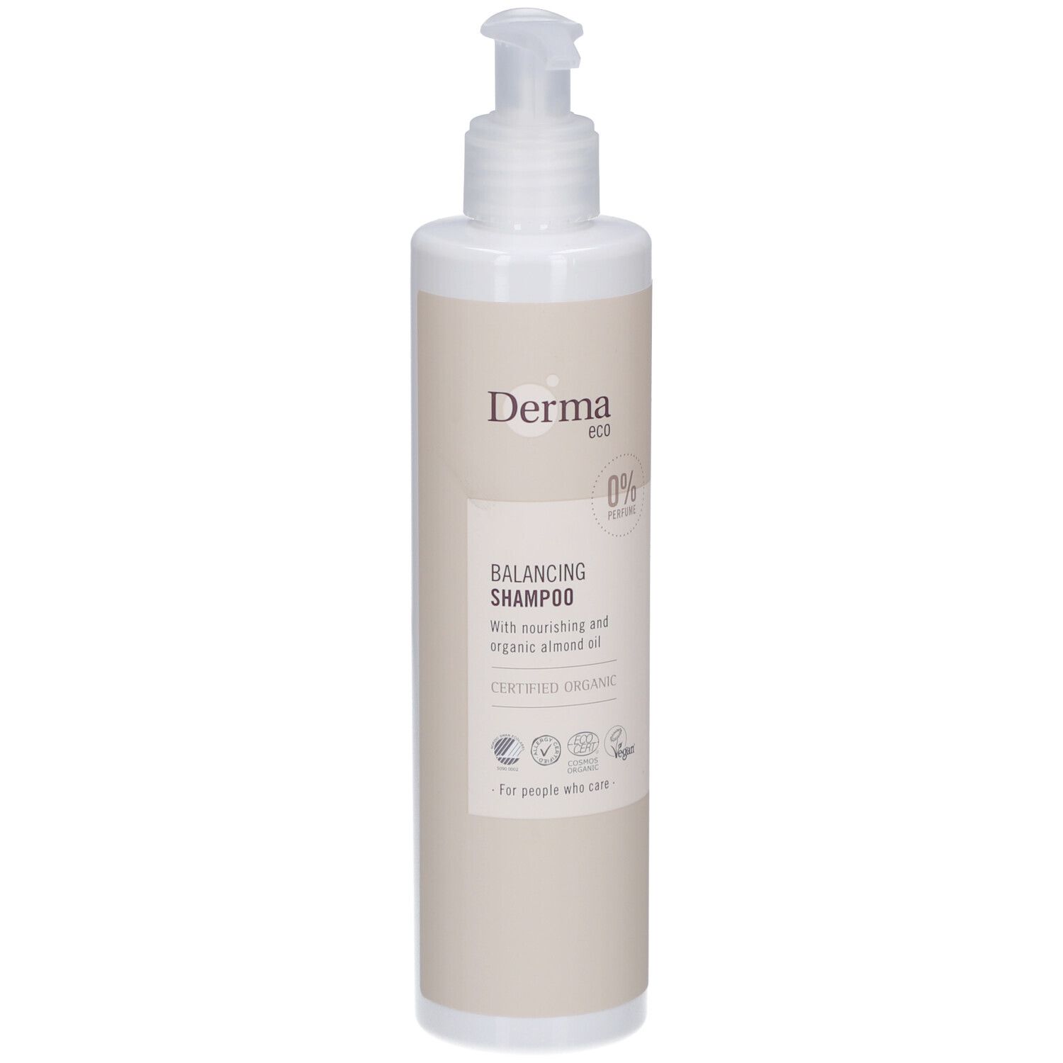 Beige shampoo fles met doseerpomp. Opschrift: Derma eco, Balancing Shampoo, 0% Parfum, gecertificeerd biologisch.