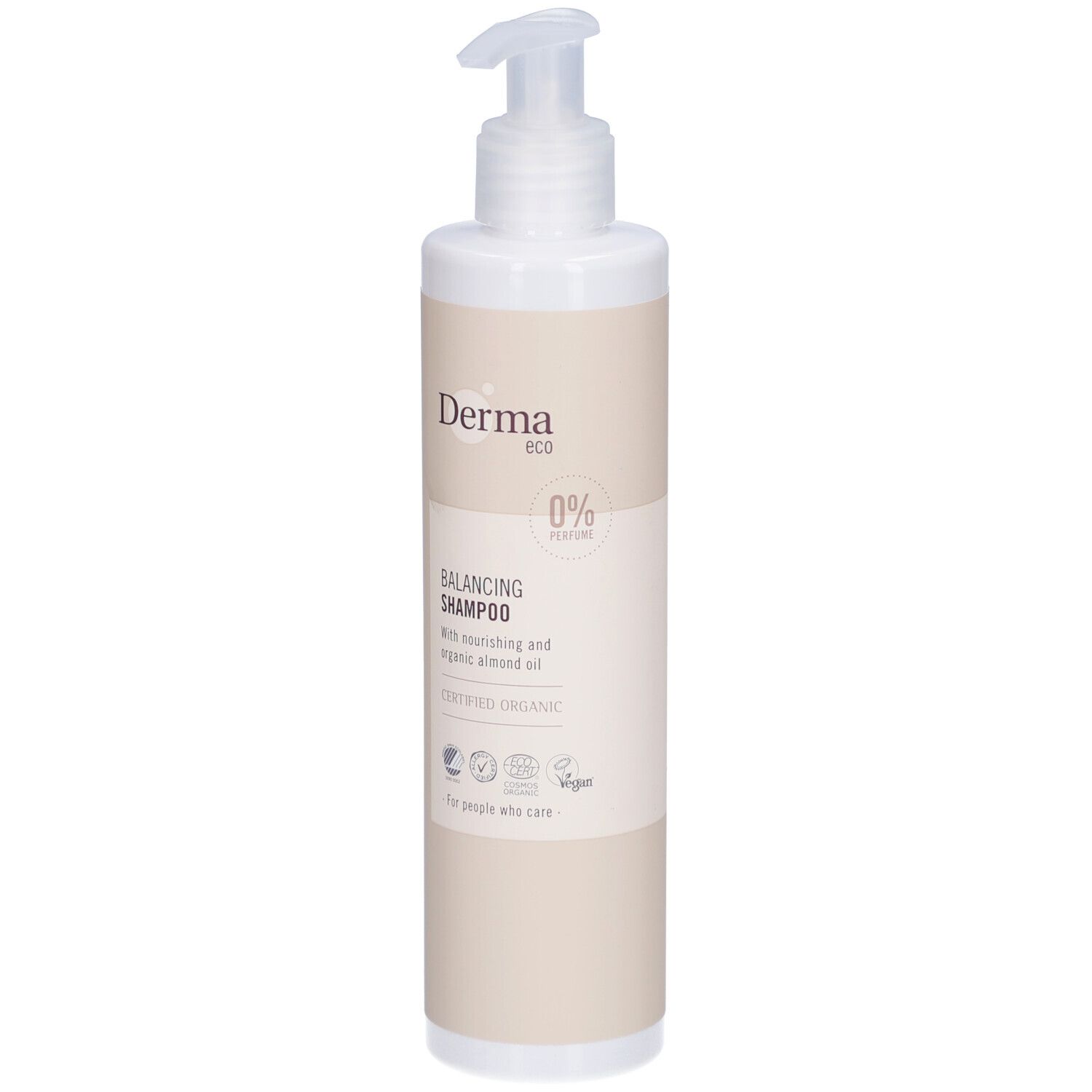Beige shampoo fles met doseerpomp. Opschrift: Derma eco, Balancing Shampoo, 0% Parfum, gecertificeerd biologisch.