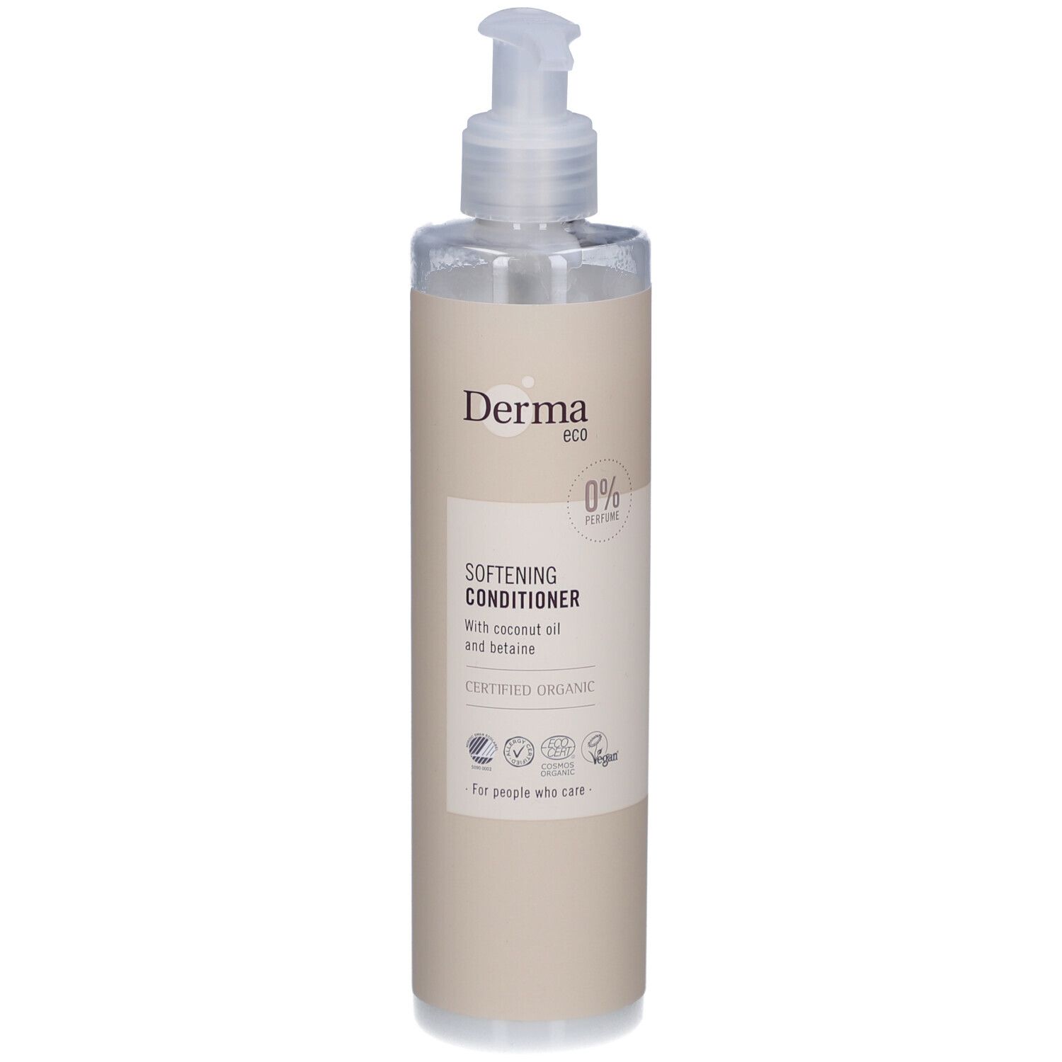 Beige fles met pomp. Opschrift: Derma eco, Softening Conditioner, gecertificeerd biologisch. Vegan-keurmerk.