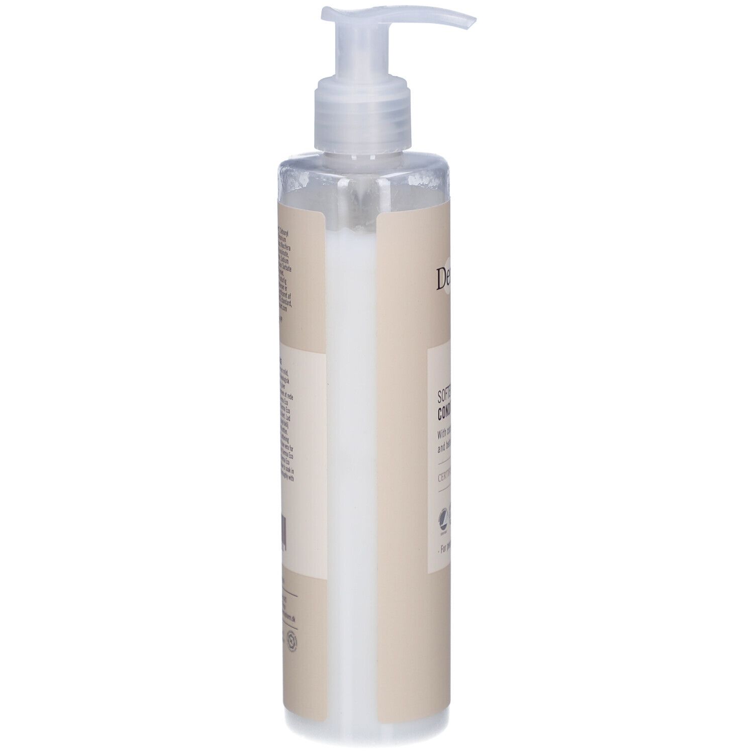 Transparante fles met pomp. Opschrift: Derma eco, Softening Conditioner. Product van de zijkant.