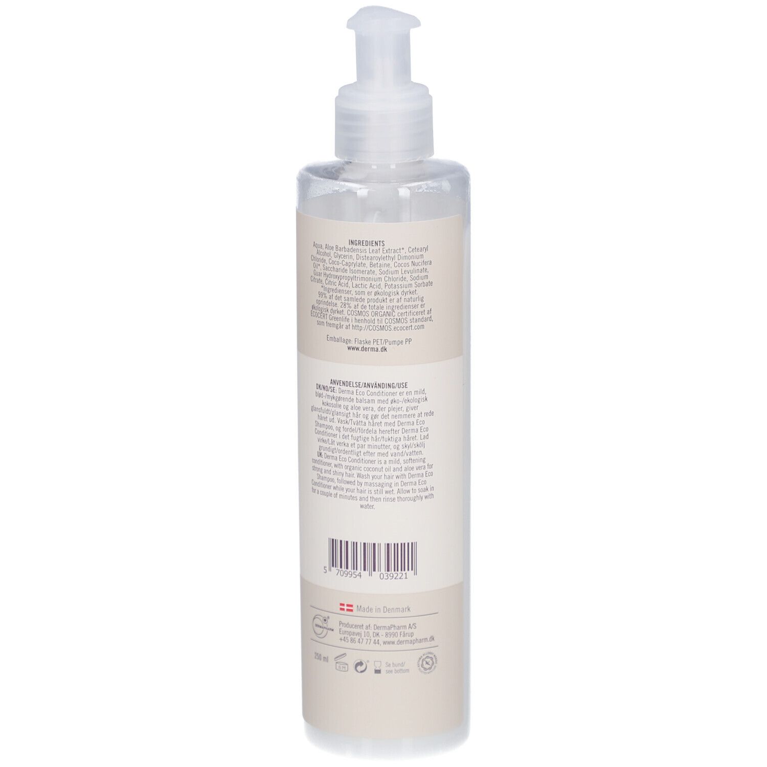 Achterkant van de fles. Opschrift: Ingrediënten, gebruiksaanwijzing, barcode, Gemaakt in Denemarken, vegan-keurmerk.