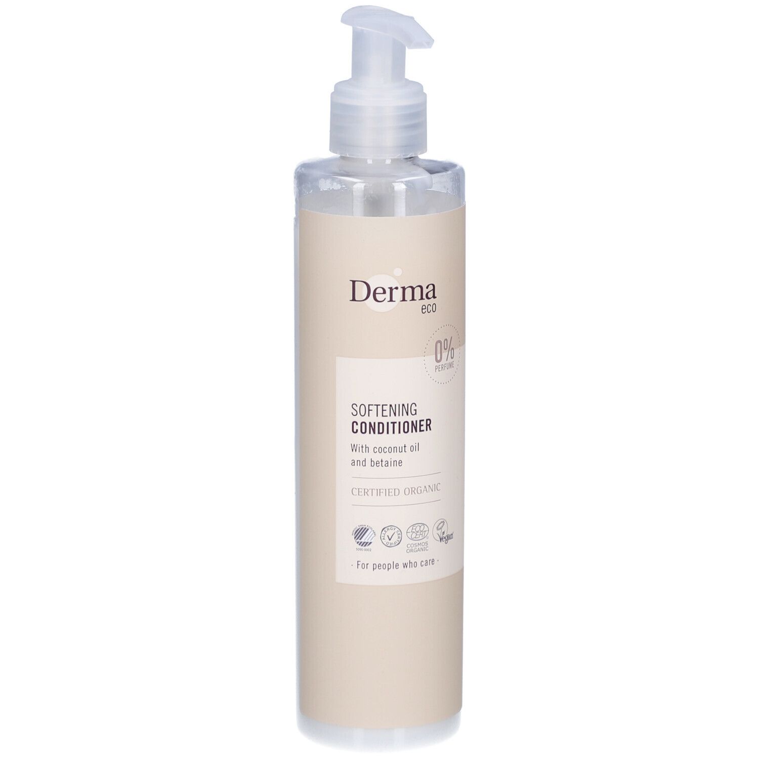 Beige fles met pomp. Opschrift: Derma eco, Softening Conditioner, gecertificeerd biologisch. Vegan-keurmerk.