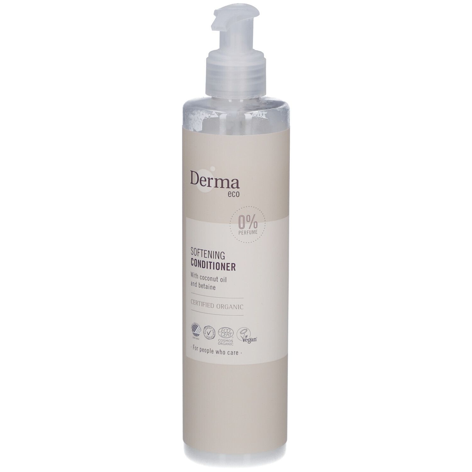 Beige fles met pomp. Opschrift: Derma eco, Softening Conditioner, gecertificeerd biologisch. Vegan-keurmerk.