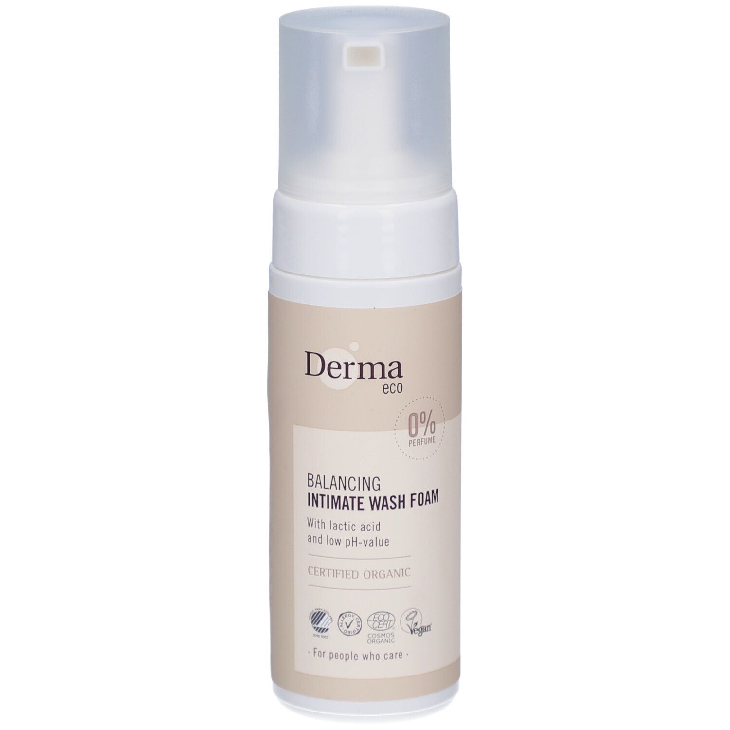 Wit-beige fles met sproeikop. Opschrift: Derma eco, Balancing Intimate Wash Foam, gecertificeerd biologisch.