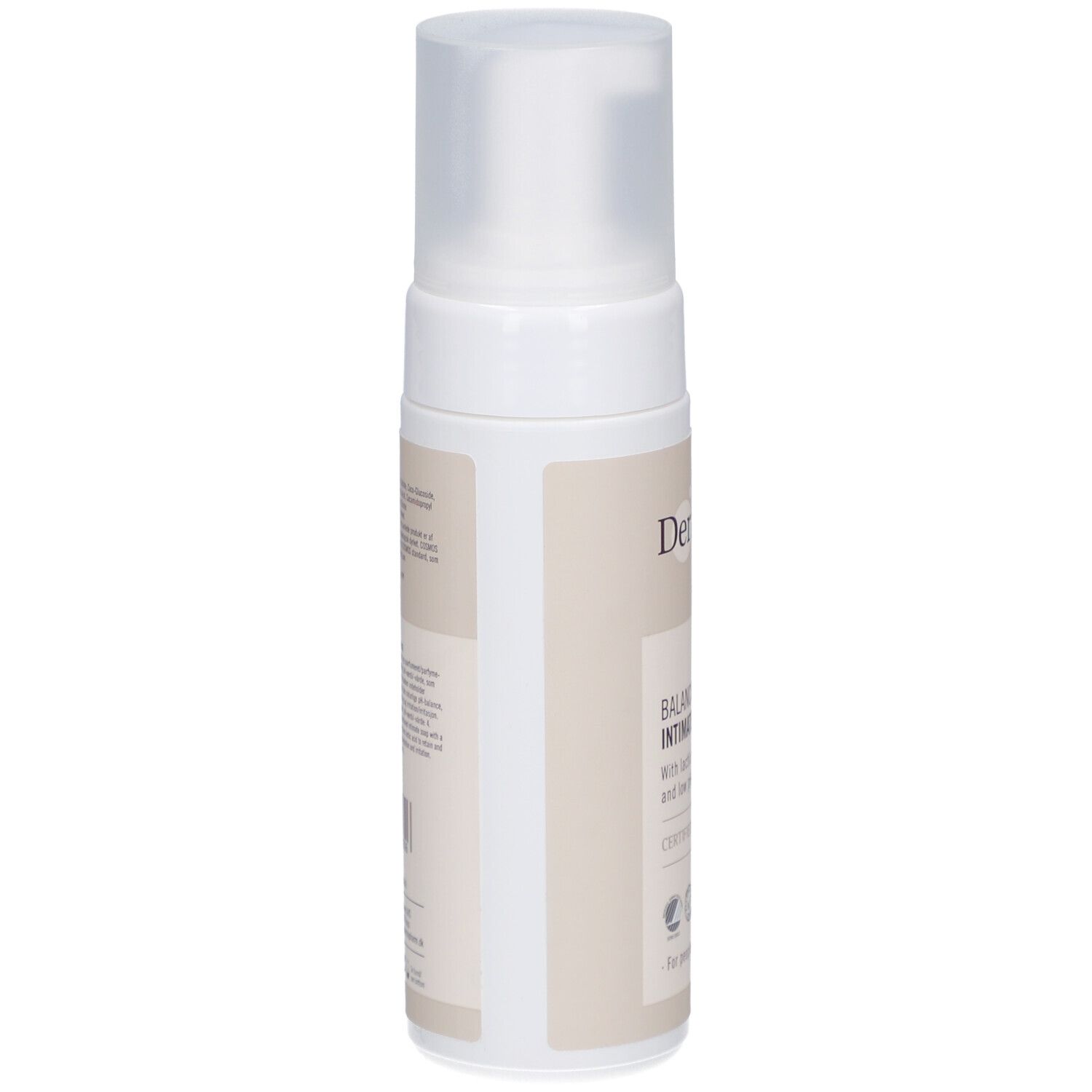 Wit-beige fles met sproeikop. Opschrift: Derma eco, Balancing Intimate Wash Foam, gecertificeerd biologisch.