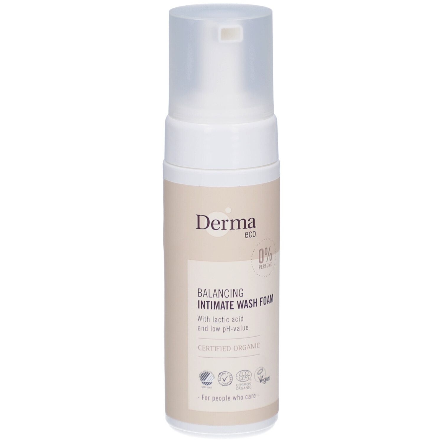 Wit-beige fles met sproeikop. Opschrift: Derma eco, Balancing Intimate Wash Foam, gecertificeerd biologisch.