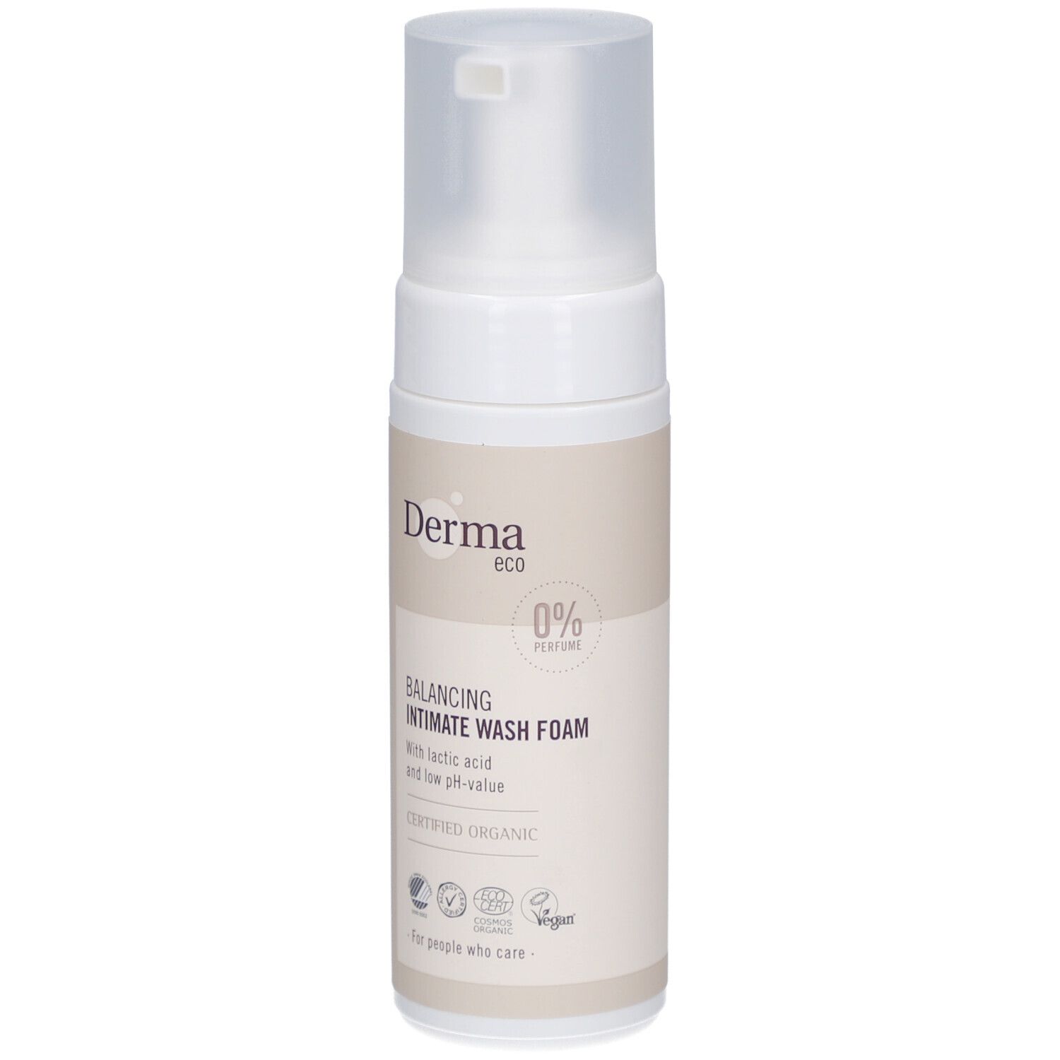 Wit-beige fles met sproeikop. Opschrift: Derma eco, Balancing Intimate Wash Foam, gecertificeerd biologisch.