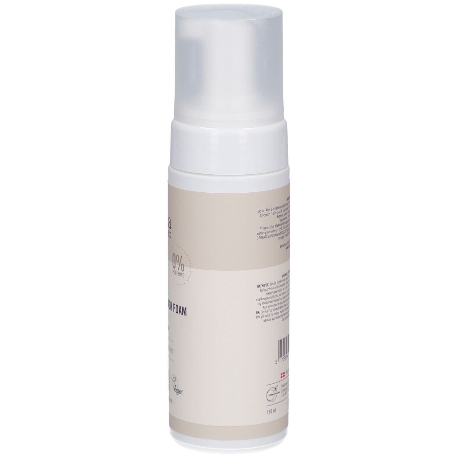 Achterkant van een wit-beige fles met sproeikop. Tekst: ingrediënten, gebruiksaanwijzing, fabrikantinfo, barcode.