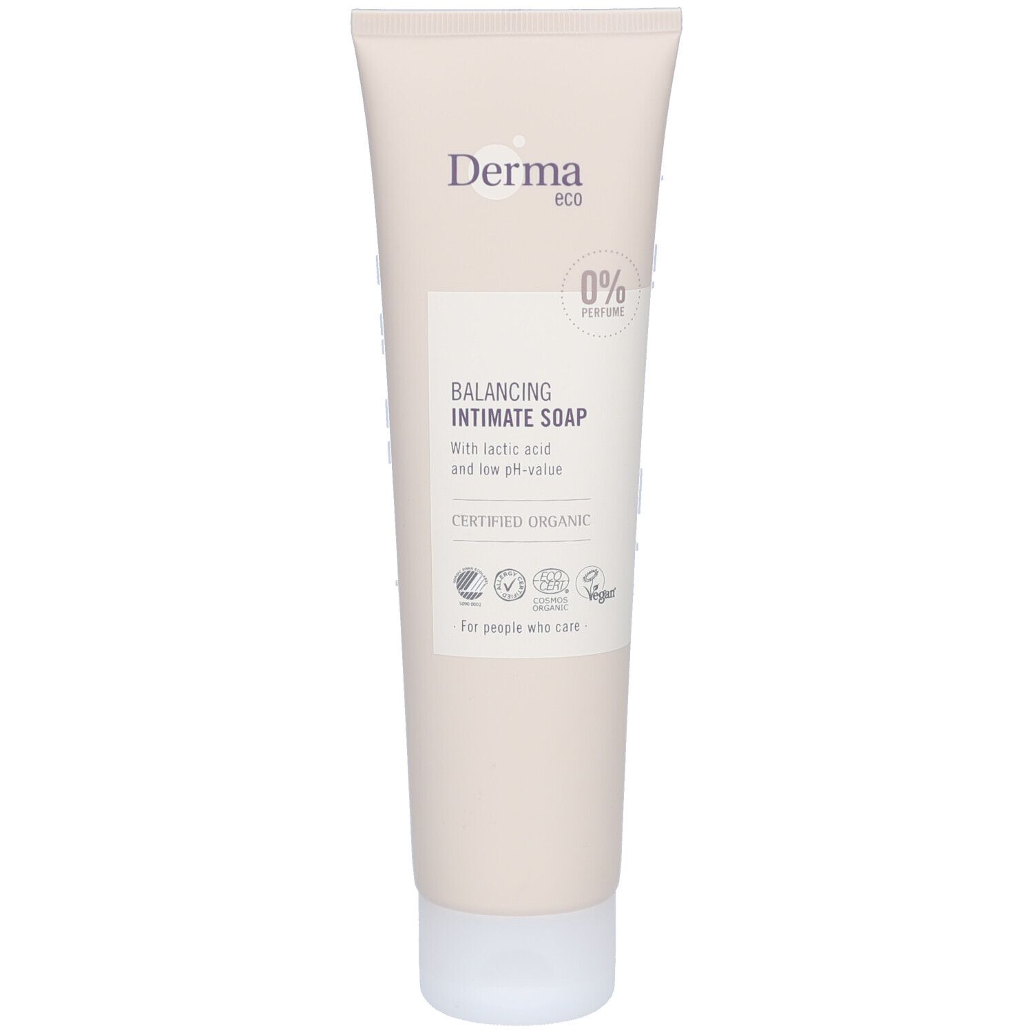 Beige tube met witte dop. Opschrift: Derma eco, 0% Parfum, Balancing Intimate Soap. Gecertificeerd biologisch label.