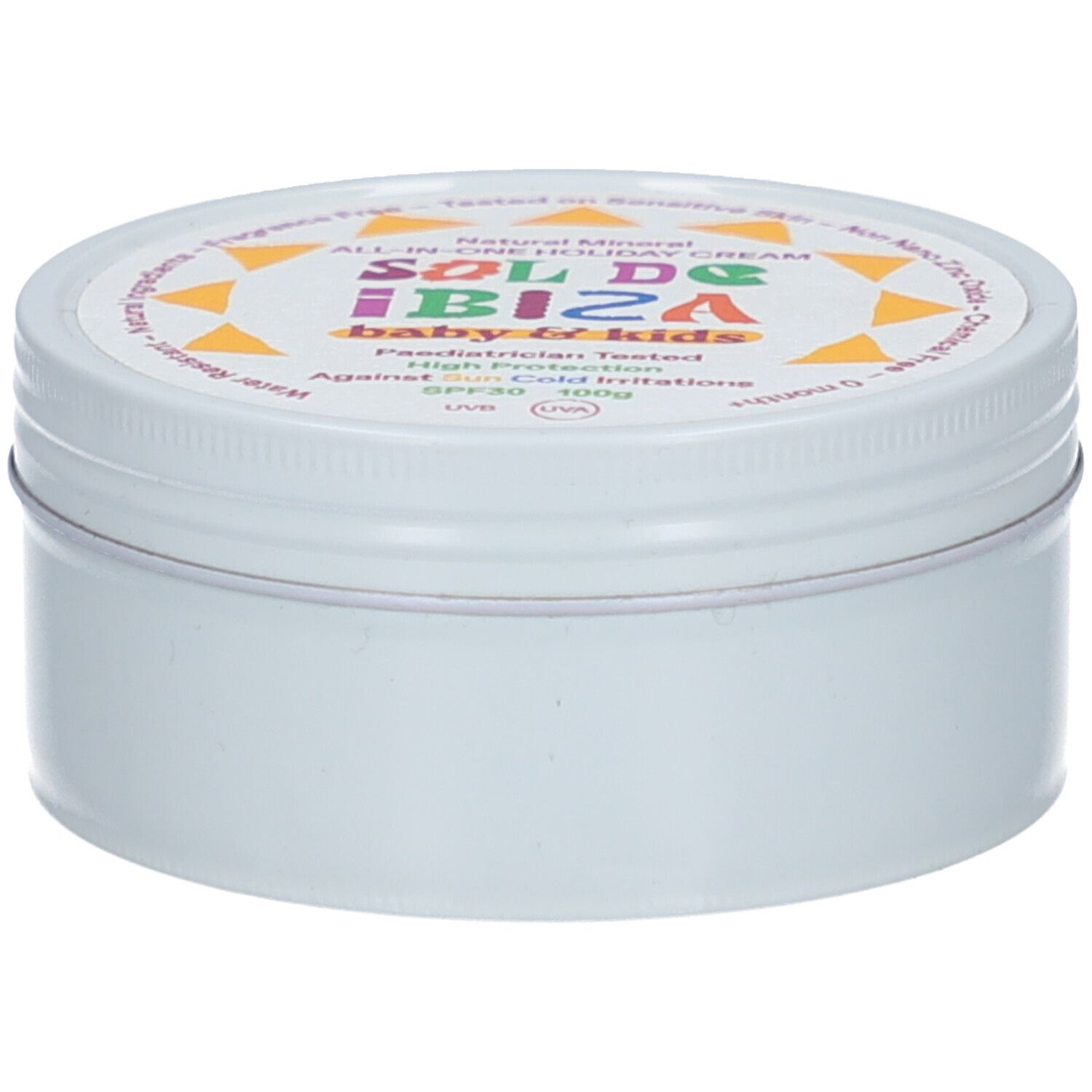 Ronde, witte pot met deksel. Op deksel: "SOL DE IBIZA baby & kids". Tekst: SPF30, 100g.