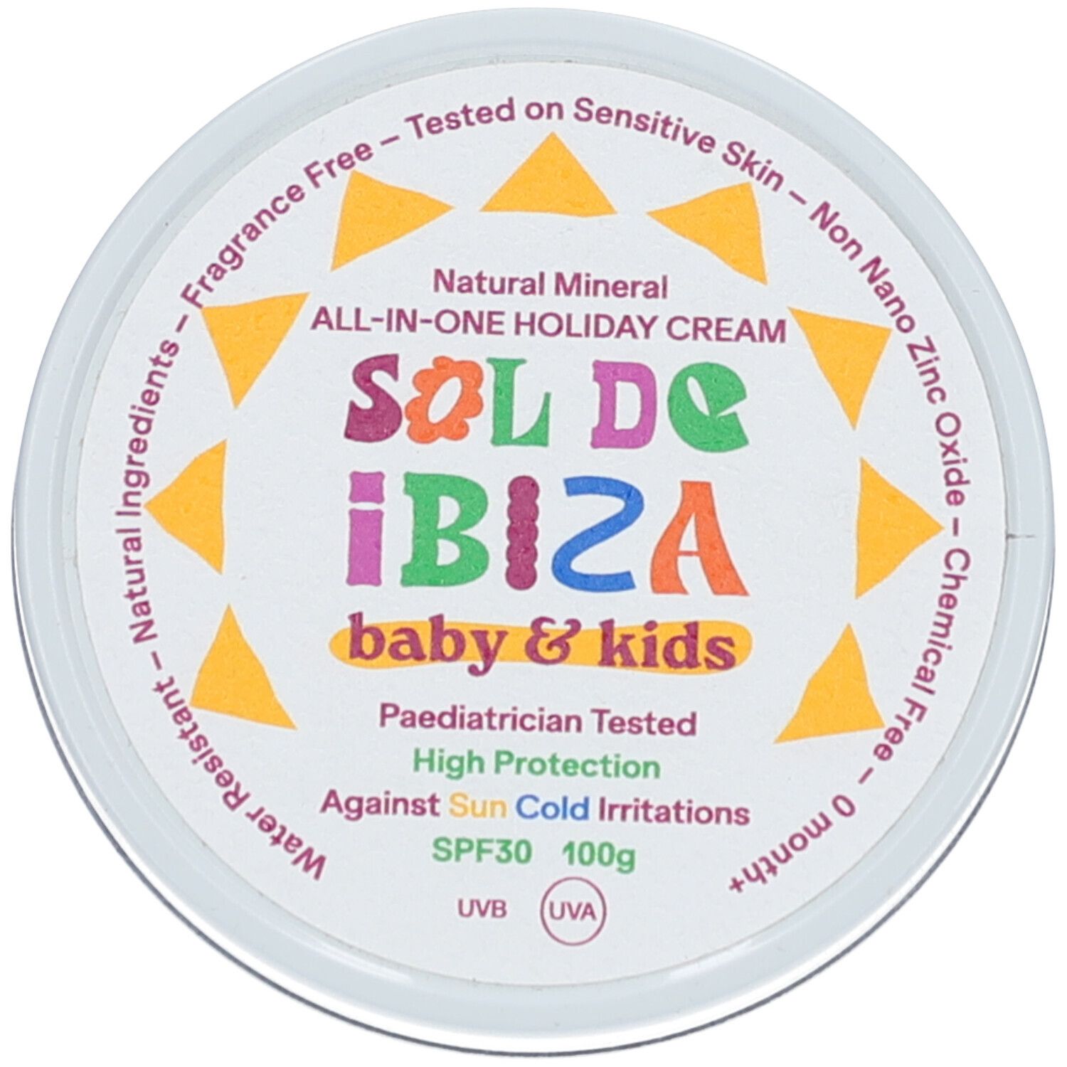 Bovenaanzicht van deksel witte pot. Opschrift: "SOL DE IBIZA baby & kids". Tekst: SPF30, 100g.