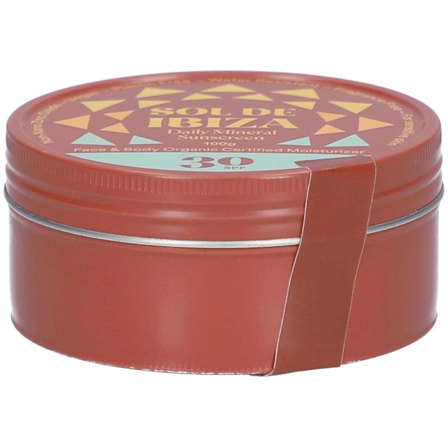 Ronde bruine doos met deksel. Opschrift SOL DE IBIZA, Daily Mineral Sunscreen, SPF 30. Sticker met productinformatie.