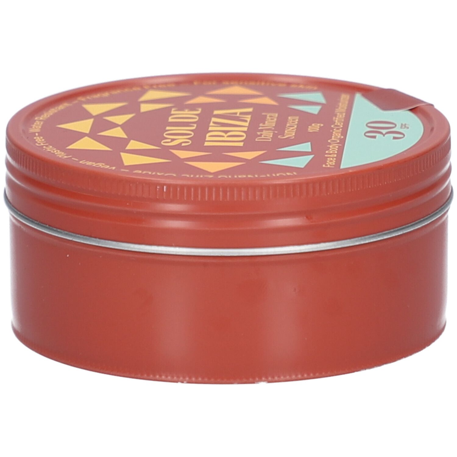 Bruine, ronde doos met deksel. Opschrift SOL DE IBIZA, Daily Mineral Sunscreen, SPF 30. Sticker met productinformatie.