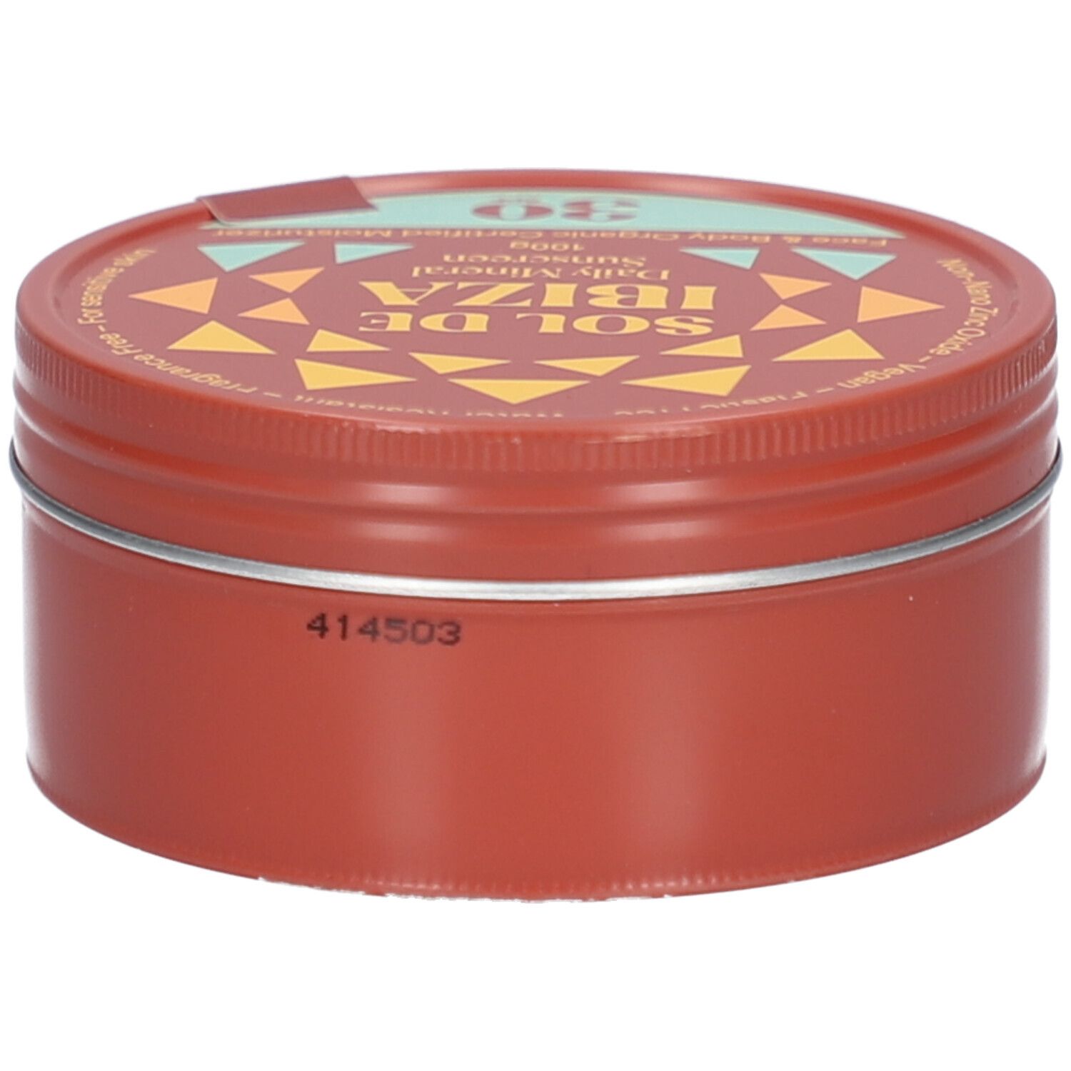 Bruine, ronde doos met deksel. Opschrift SOL DE IBIZA, Daily Mineral Sunscreen, SPF 30. Sticker. Code op de bodem.