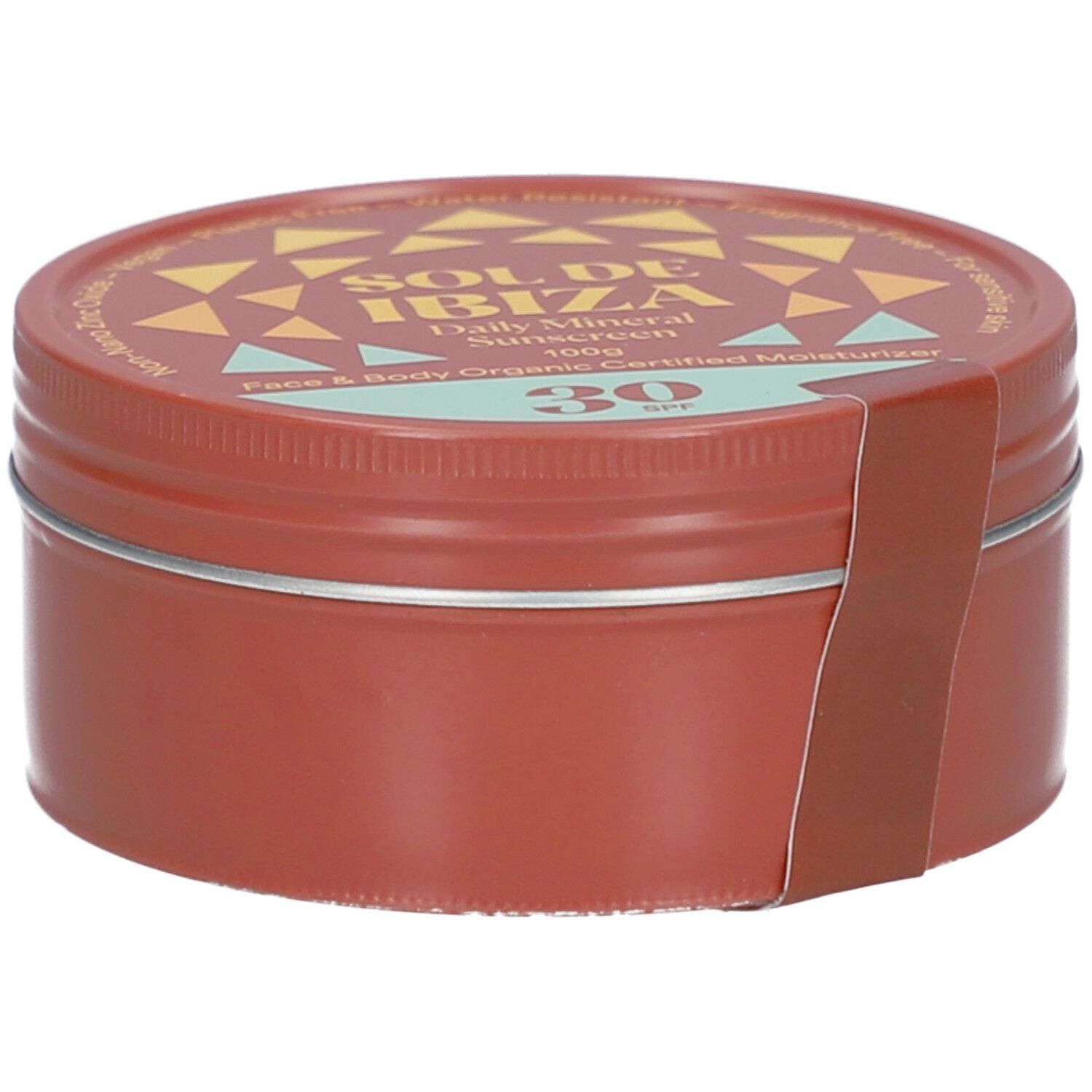 Bruine, ronde doos met deksel. Opschrift SOL DE IBIZA, Daily Mineral Sunscreen, SPF 30. Sticker met productinformatie.