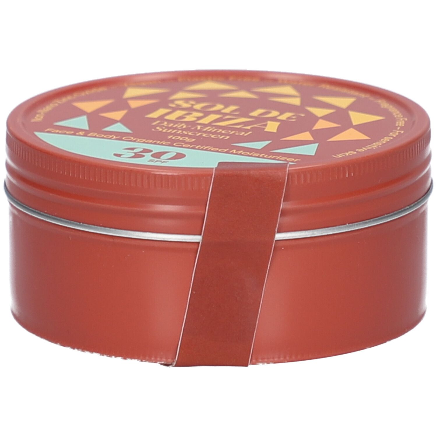 Bruine, ronde doos met deksel. Opschrift SOL DE IBIZA, Daily Mineral Sunscreen, SPF 30. Sticker met productinformatie.