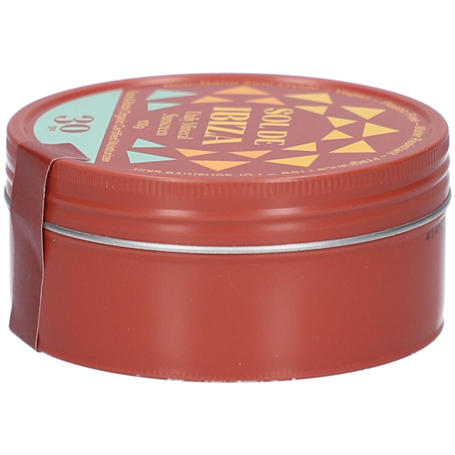 Bruine, ronde doos met deksel. Opschrift SOL DE IBIZA, Daily Mineral Sunscreen, SPF 30. Sticker met productinformatie.