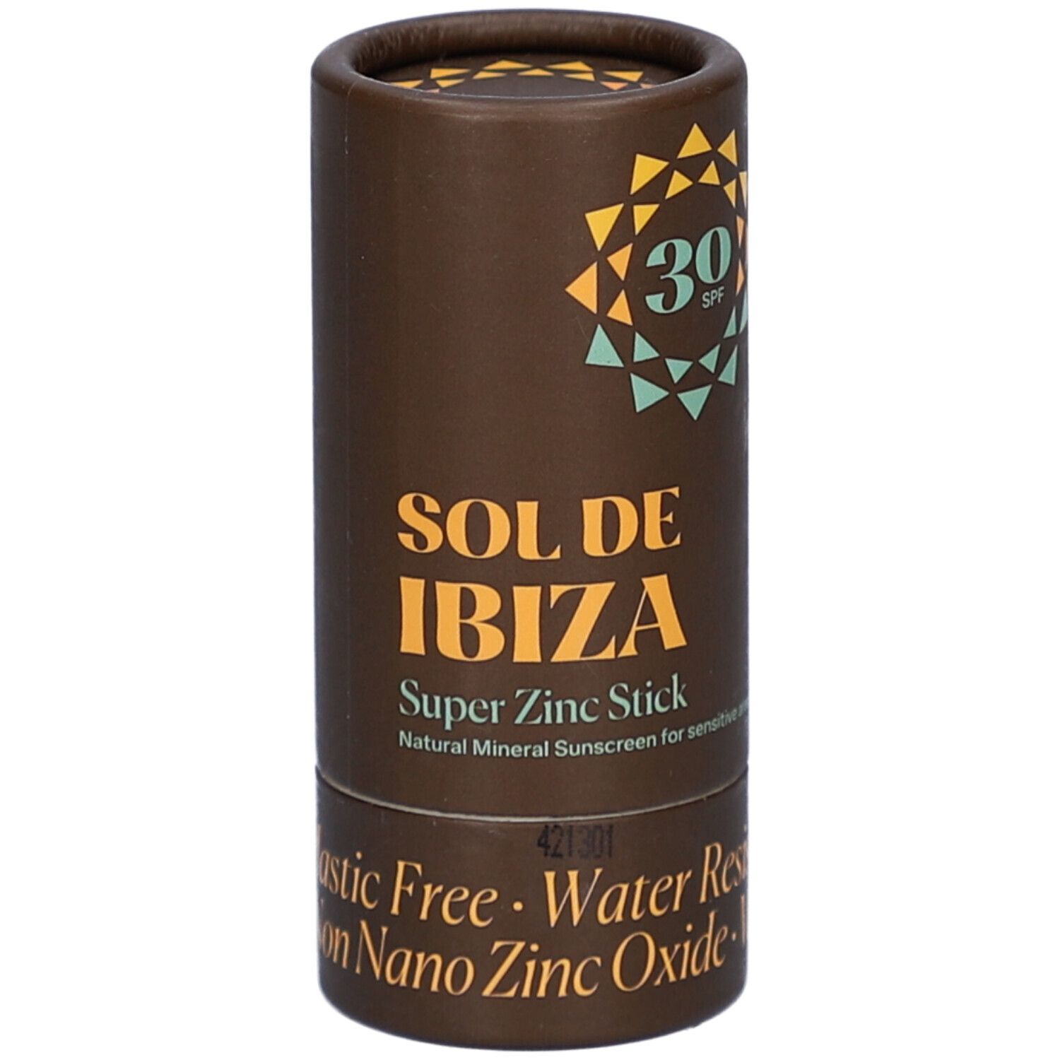 Bruine cilindrische verpakking. Opschrift: SOL DE IBIZA, Super Zinc Stick, SPF30. Tekst: Plastic Free, Water Resistant, Non Nano Zinc Oxide.