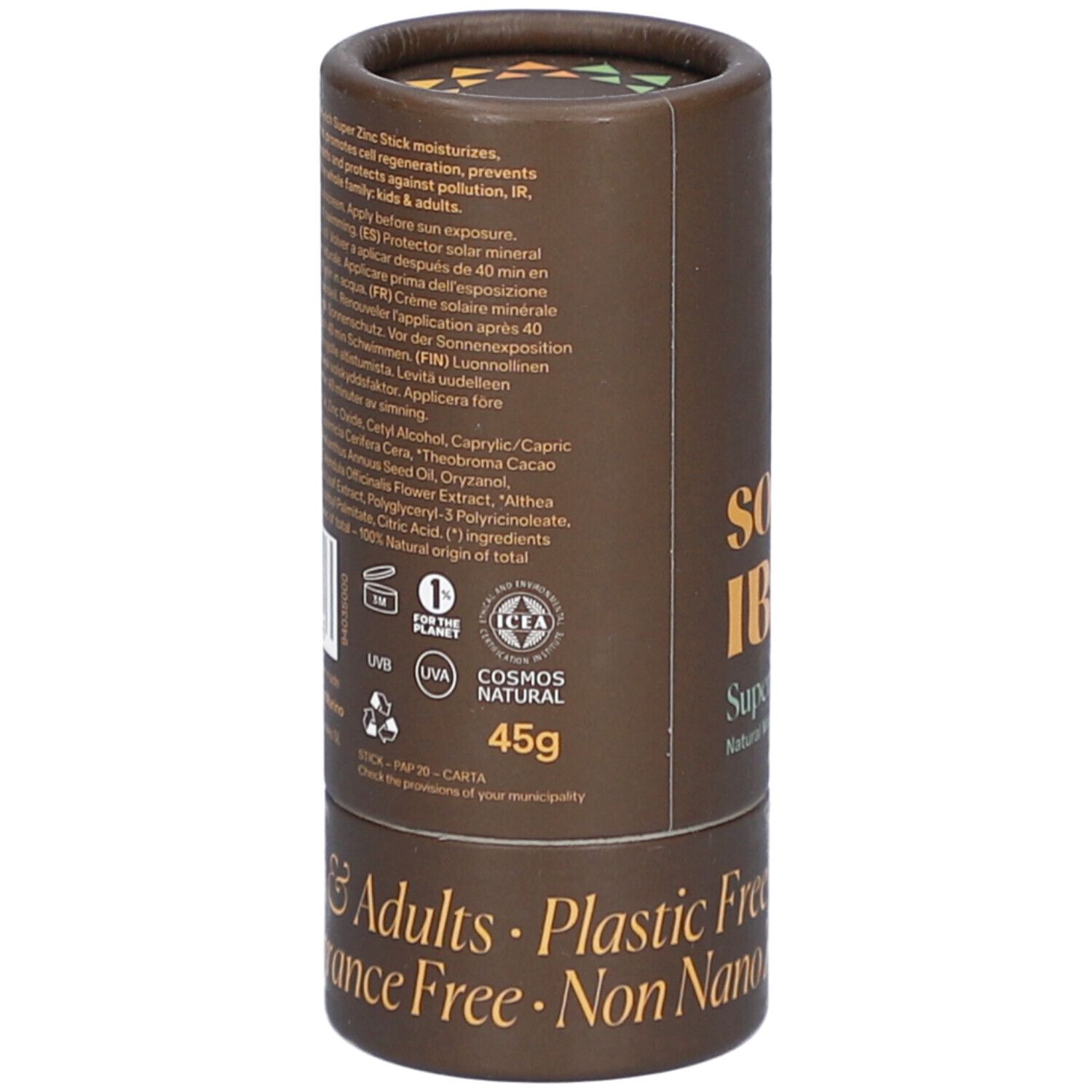 Bruine cilindrische verpakking. Tekst en ingrediënten. Opschrift: 45g, COSMOS NATURAL. Logo's: UVA, UVB, IHTA, COSMOS NATURAL.