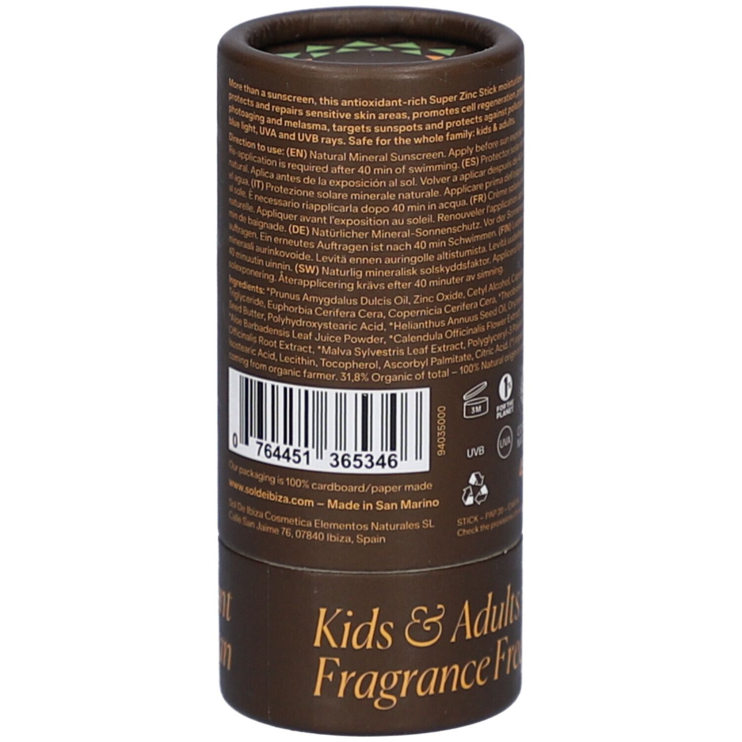 Bruine cilindrische verpakking. Tekst en barcode. Opschrift: Kids & Adults, Fragrance Free. Tekst: 100% cardboard/paper made.