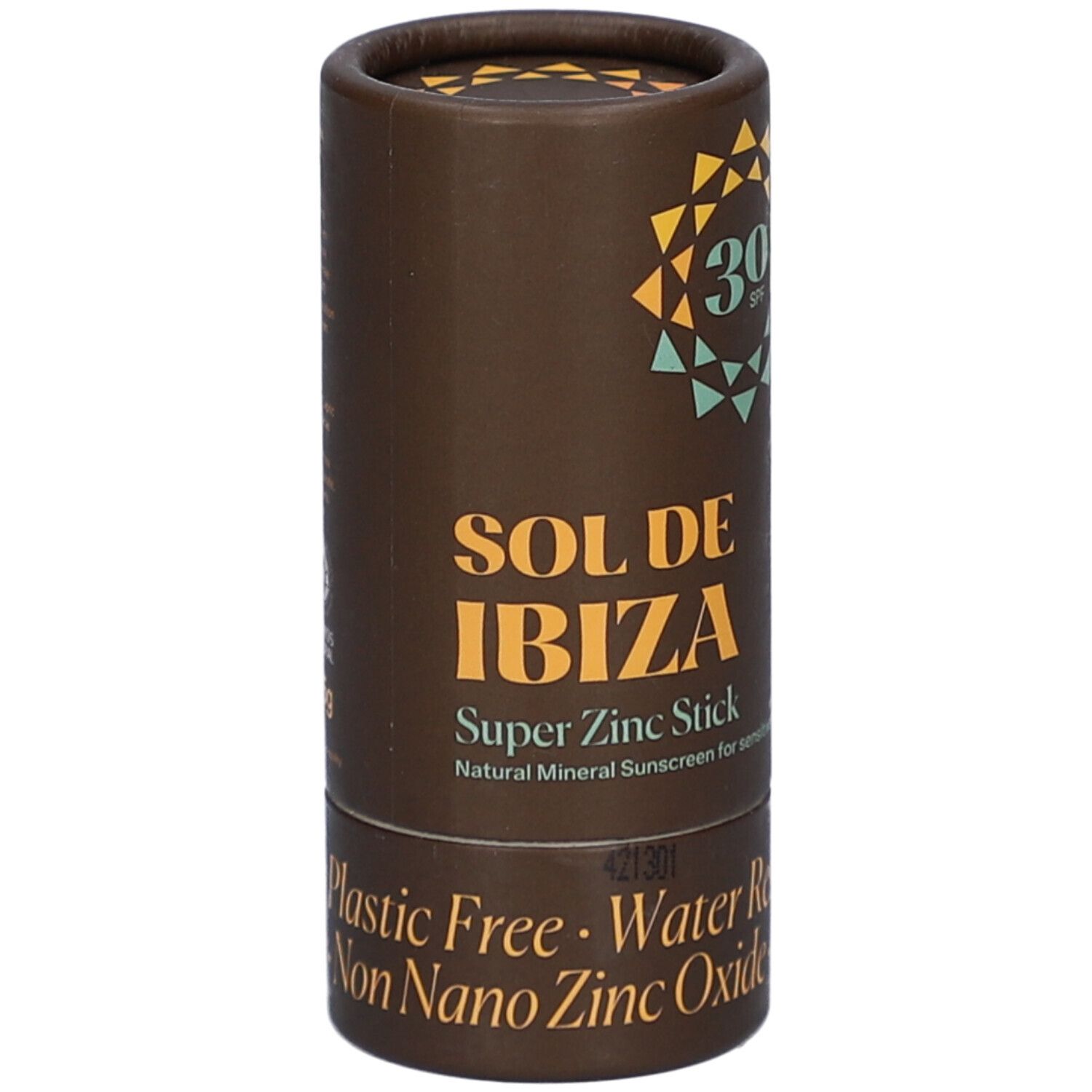 Bruine cilindrische verpakking. Opschrift: SOL DE IBIZA, Super Zinc Stick, SPF30. Tekst: Plastic Free, Water Resistant, Non Nano Zinc Oxide.