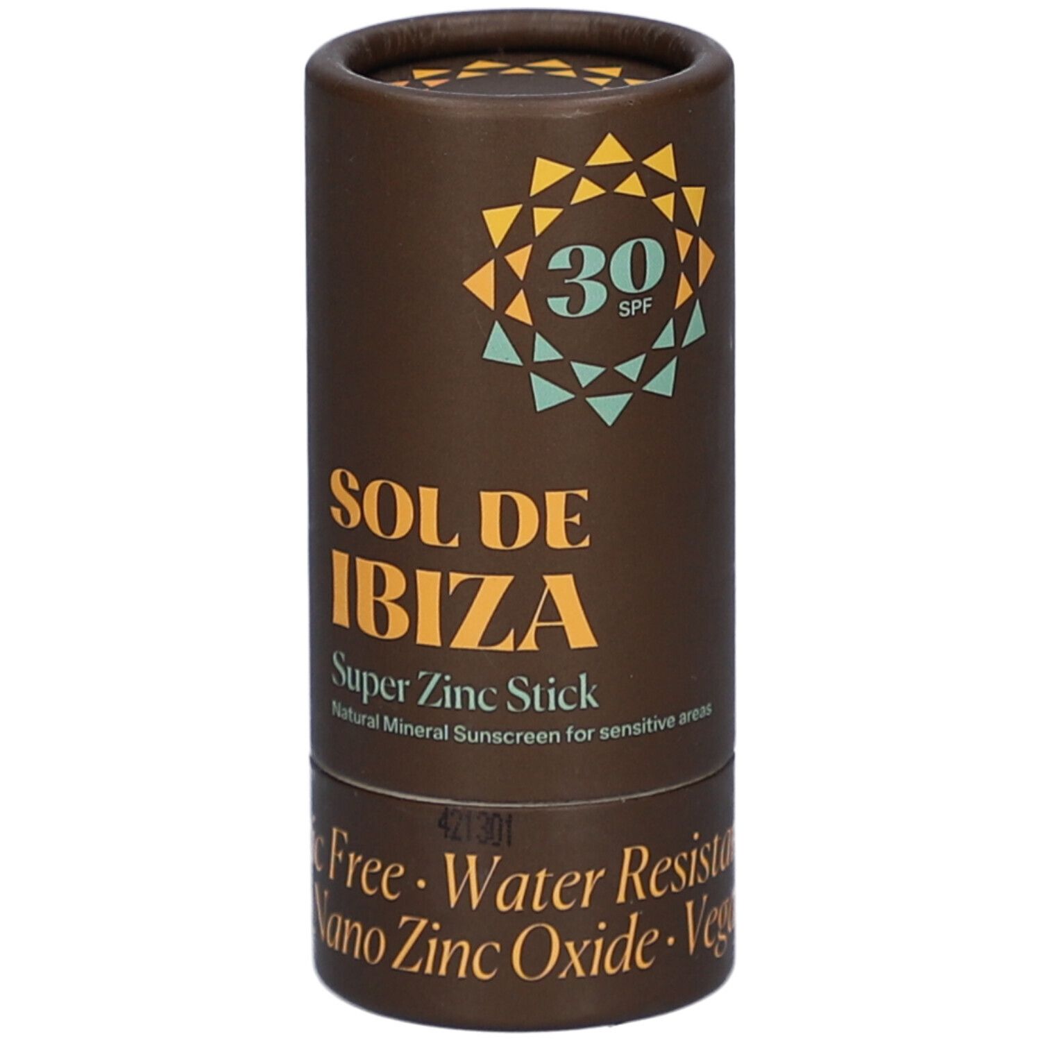 Bruine cilindrische verpakking. Opschrift: SOL DE IBIZA, Super Zinc Stick, SPF30. Tekst: Plastic Free, Water Resistant, Non Nano Zinc Oxide, Vegan.