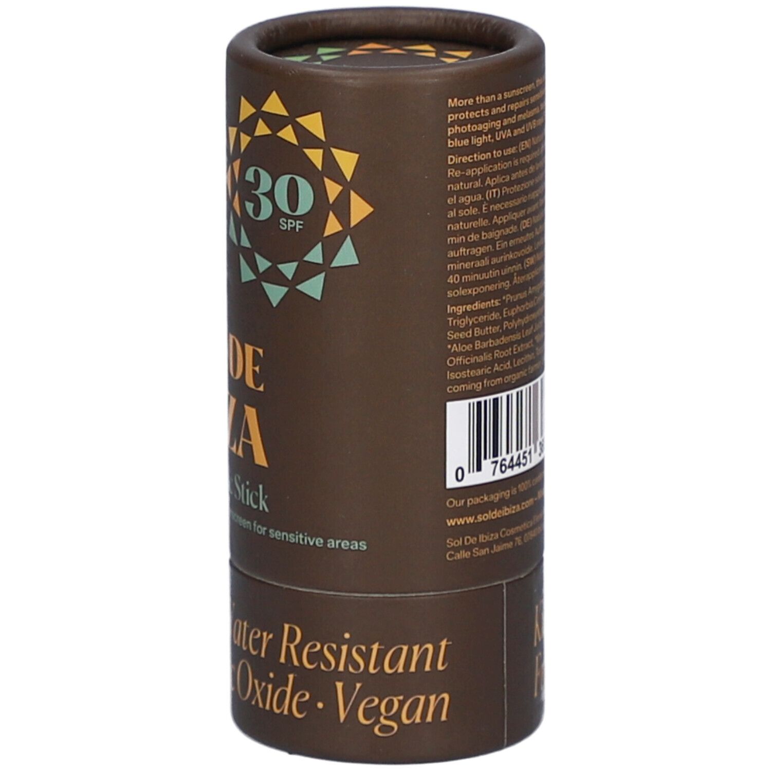 Bruine cilindrische verpakking. Opschrift: SOL DE IBIZA, Super Zinc Stick, SPF30. Tekst en barcode. Tekst: Water Resistant, Non Nano Zinc Oxide, Vegan.