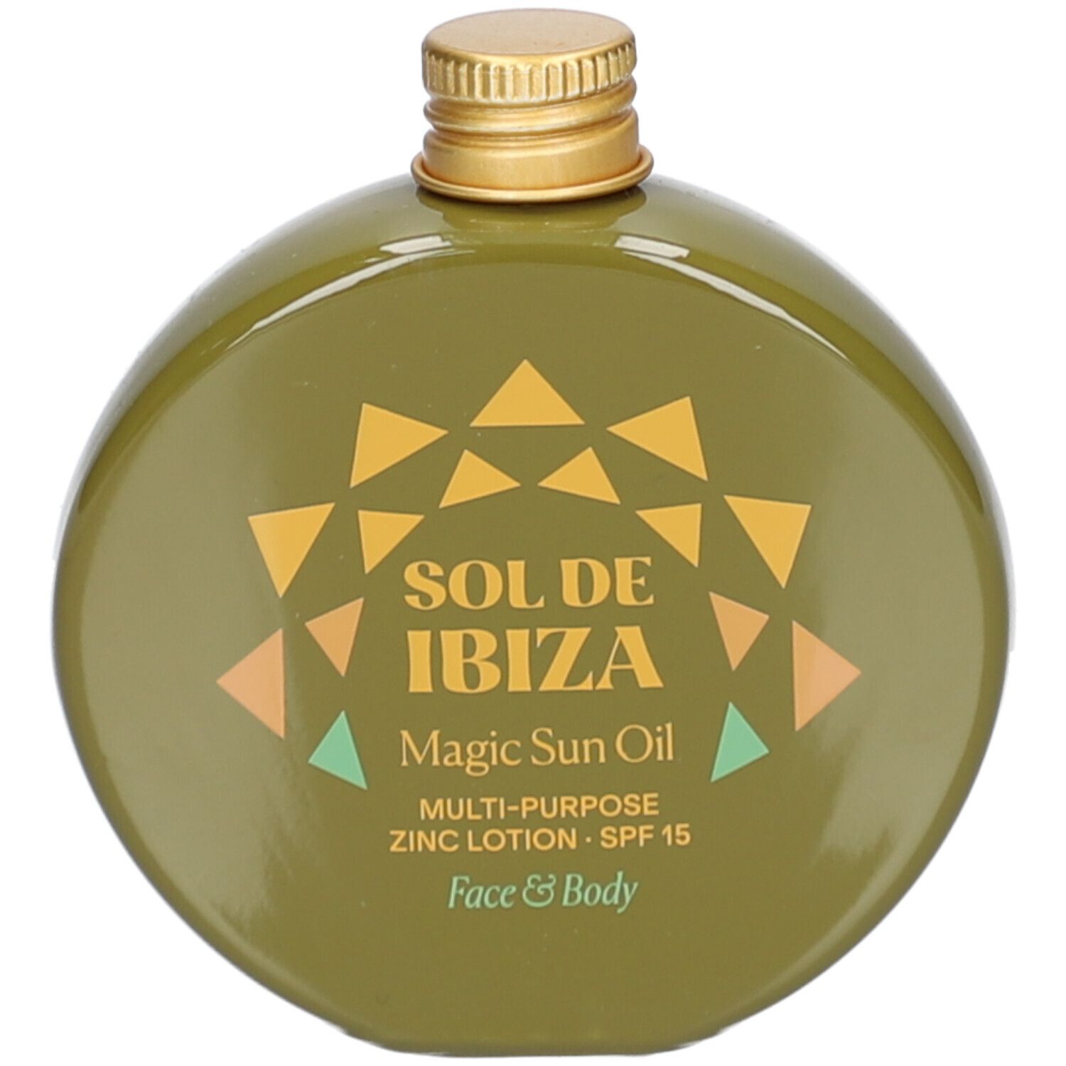 Ronde, groene fles met gouden dop. Opschrift: Sol de Ibiza, Magic Sun Oil, Multi-Purpose Zinc Lotion SPF 15, Face & Body.