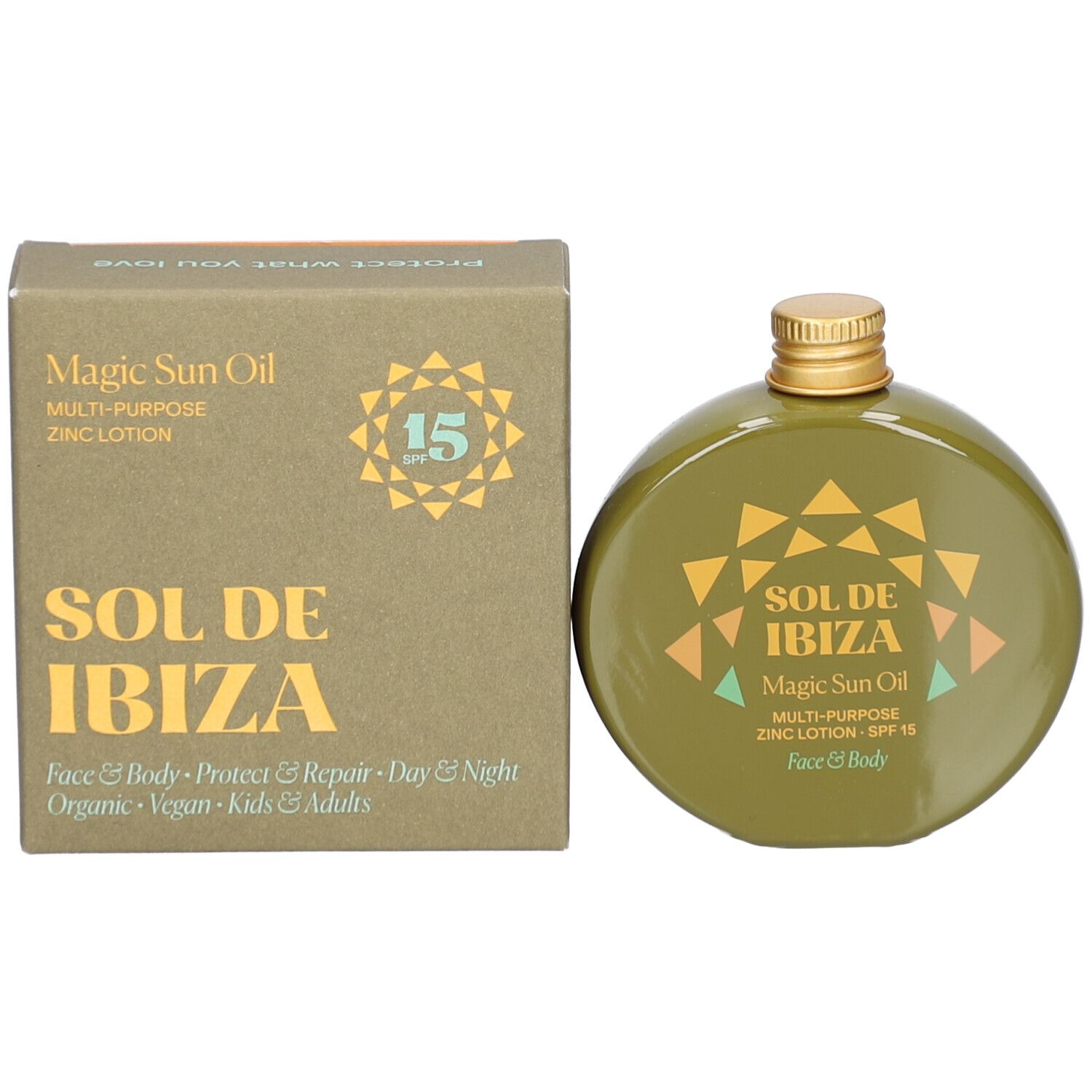 Verpakking en fles. Verpakking: Magic Sun Oil, Multi-Purpose Zinc Lotion, Sol de Ibiza. Fles: rond, groen, goud.