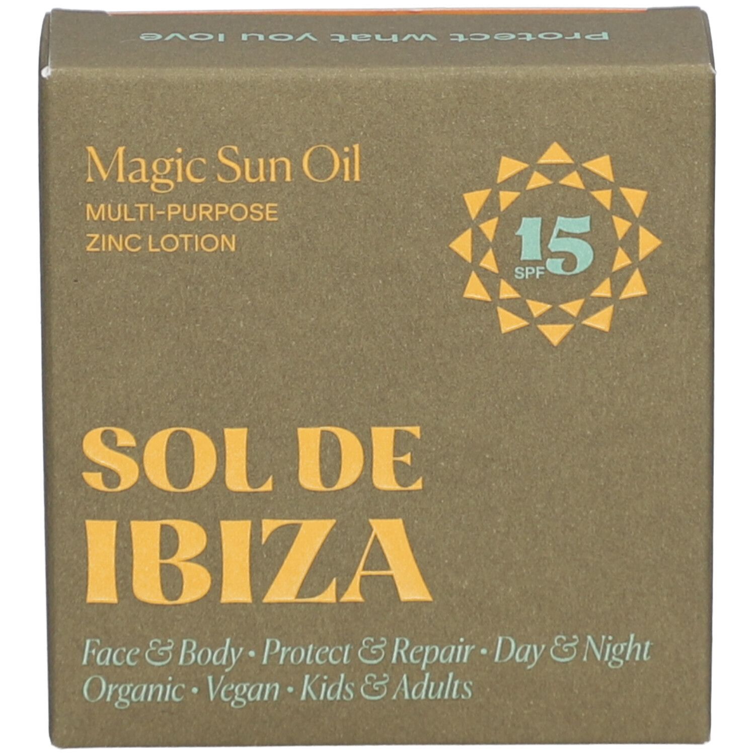 Verpakking: Magic Sun Oil, Multi-Purpose Zinc Lotion, Sol de Ibiza. Tekst: Face & Body, Protect & Repair, Day & Night, Organic, Vegan, Kids & Adults.