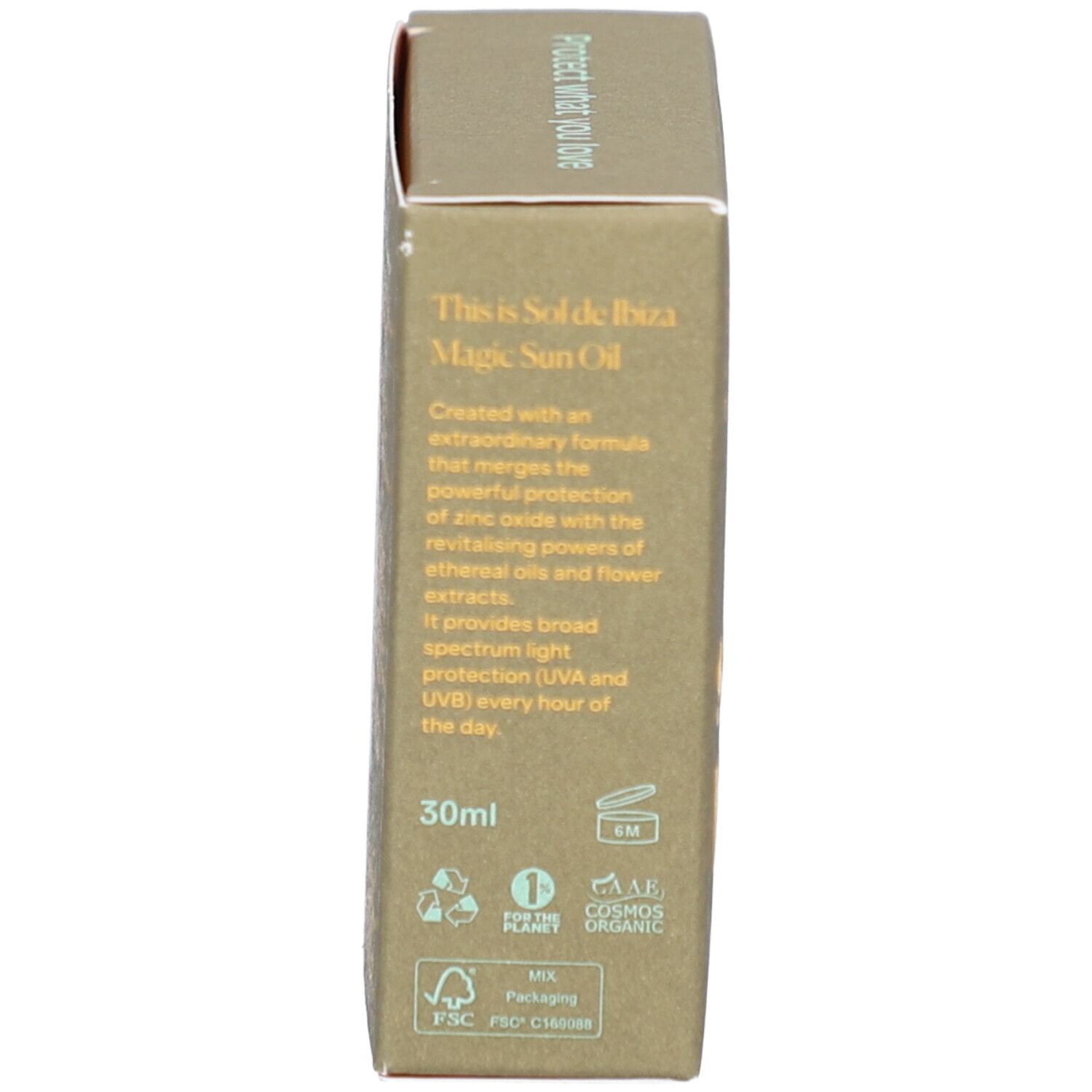 Verpakking: Magic Sun Oil, Tekst: extraordinary formula, zinc oxide, broad spectrum light protection, 30ml, logo's.