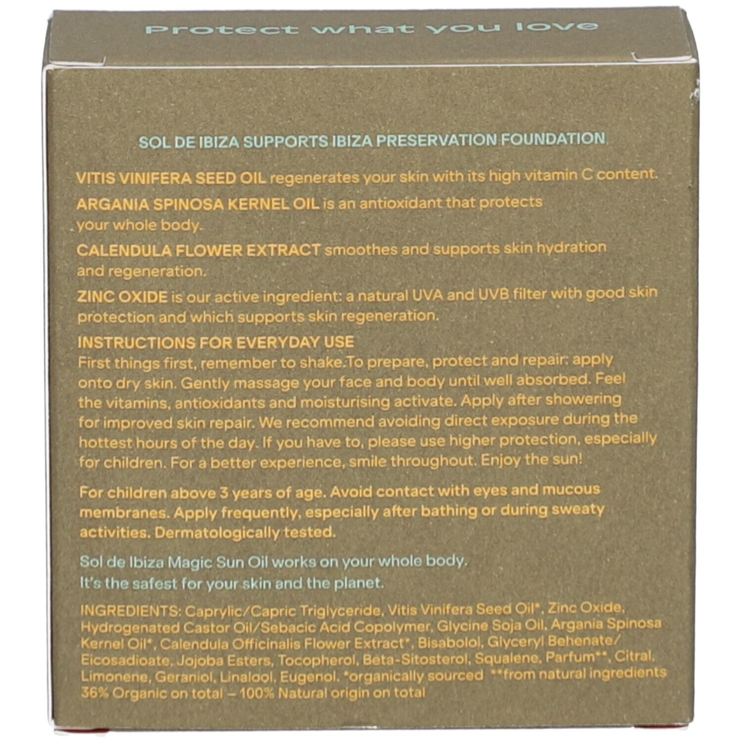 Verpakking: Tekst: ingrediënten, gebruiksaanwijzing, Sol de Ibiza, Zinc Oxide, logo's.