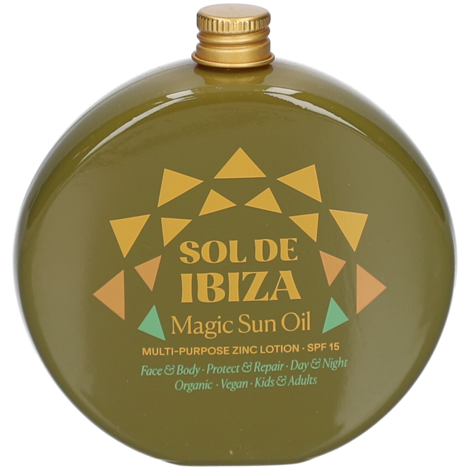 Groene, ronde fles met gouden dop. Opschrift: Sol de Ibiza, Magic Sun Oil, SPF 15. Multi-purpose zink lotion.