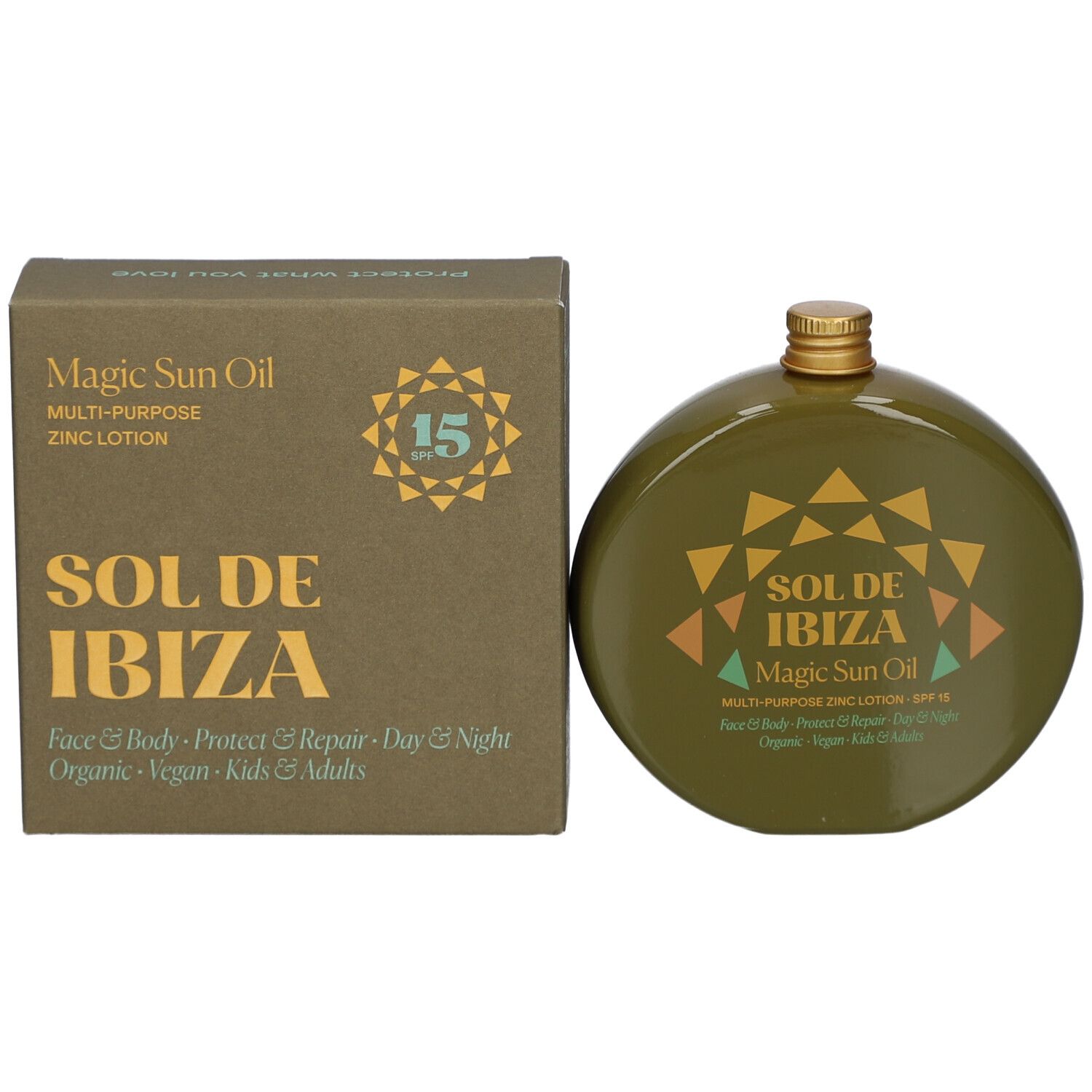 Productverpakking met fles. Doos: Magic Sun Oil, SPF 15. Fles: Sol de Ibiza, Magic Sun Oil, SPF 15.