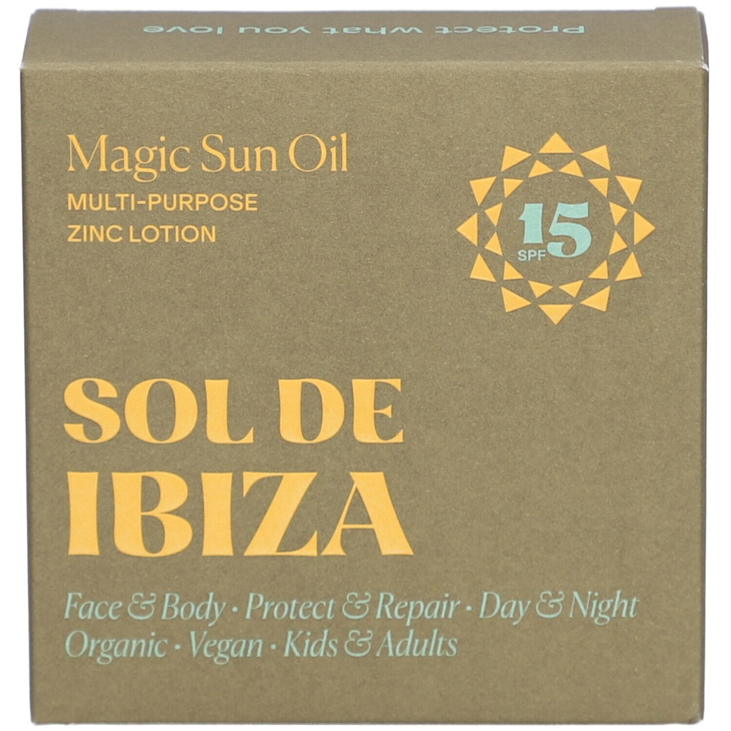 Kartonnen verpakking. Opschrift: Magic Sun Oil, SPF 15, Sol de Ibiza. Tekst: Face & Body, Protect & Repair, Day & Night.