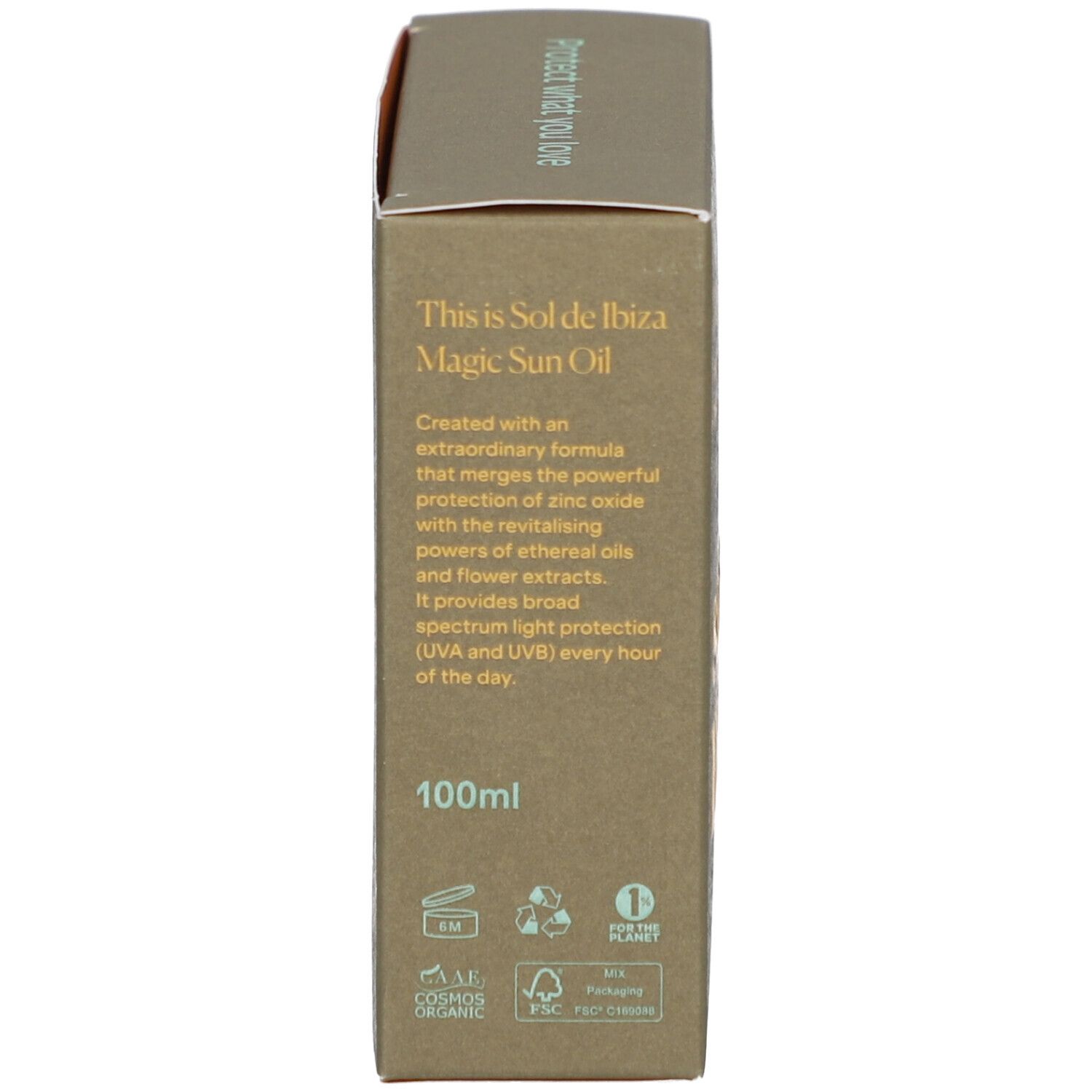 Zijaanzicht van de kartonnen verpakking. Tekst: Magic Sun Oil, 100ml, logo's en certificeringen.