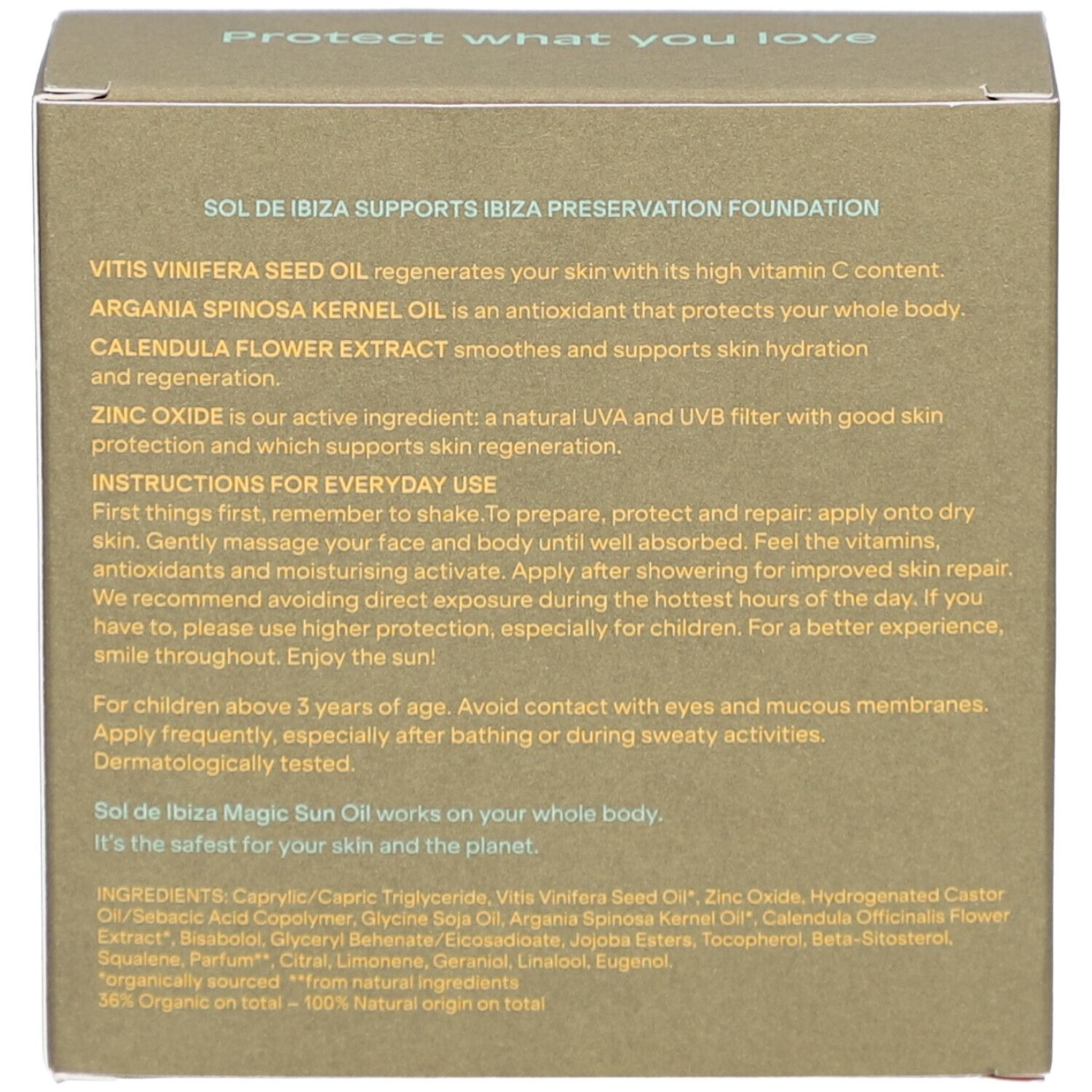 Achterkant van de kartonnen verpakking. Tekst: ingrediënten, gebruiksaanwijzing, certificeringen, 36% Organic.