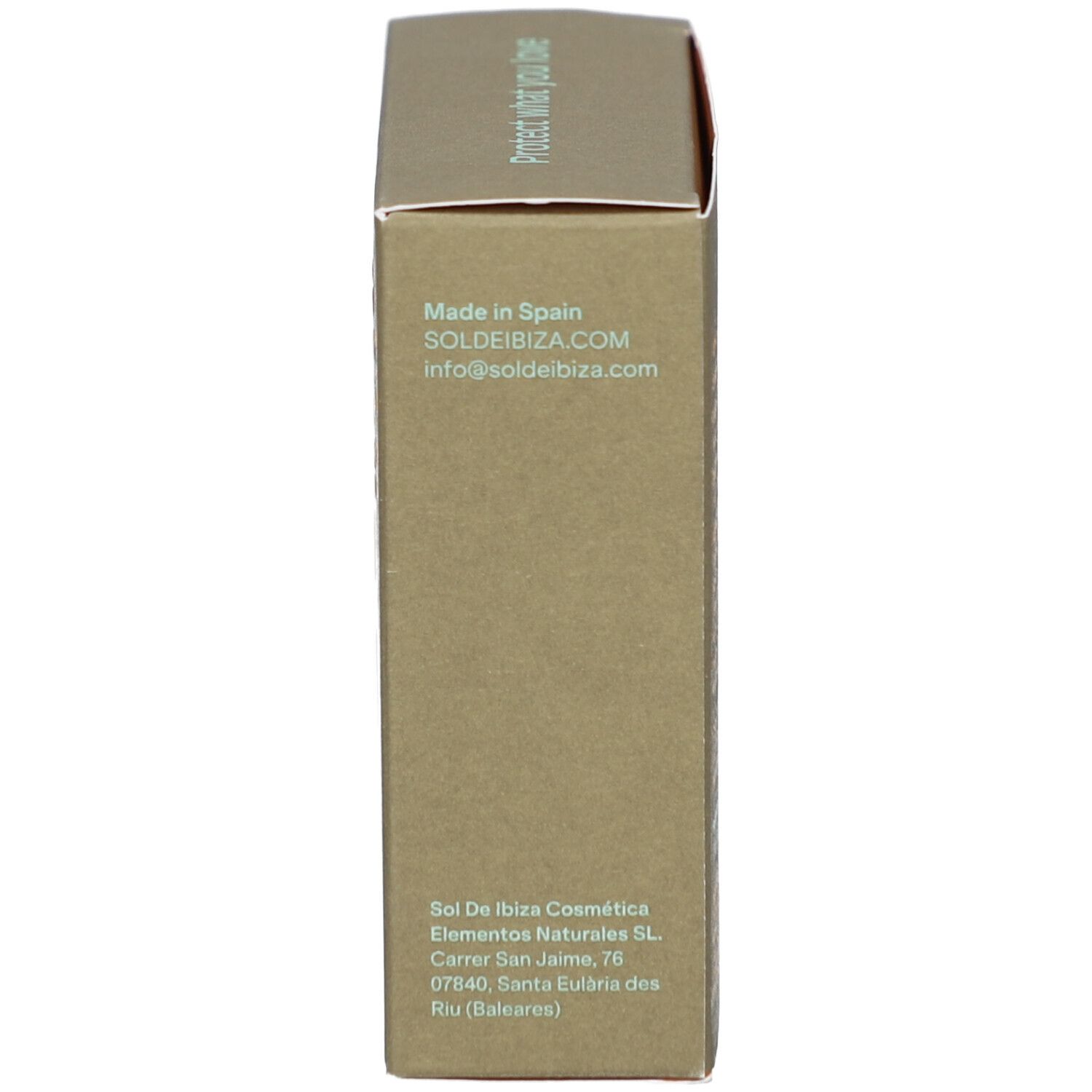 Zijaanzicht van de kartonnen verpakking. Tekst: Made in Spain, contactgegevens, adres.