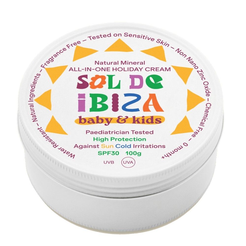 Witte doos met deksel. Opschrift: Sol de Ibiza baby & kids. Tekst in verschillende kleuren. 100g. Ronde vorm.