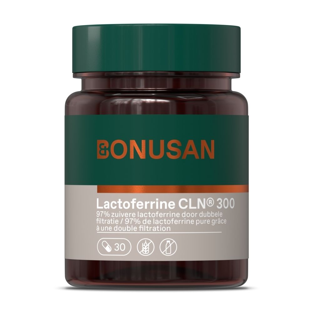 Bruine fles met groene dop. Opschrift: Bonusan, Lactoferrine CLN 300. 30 capsules, logo's.