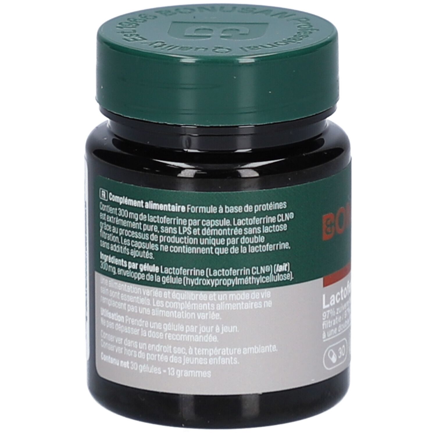 Dos du flacon. Texte: Complément alimentaire. Contient 300mg de lactoferrine par capsule. Ingrédients et instructions.