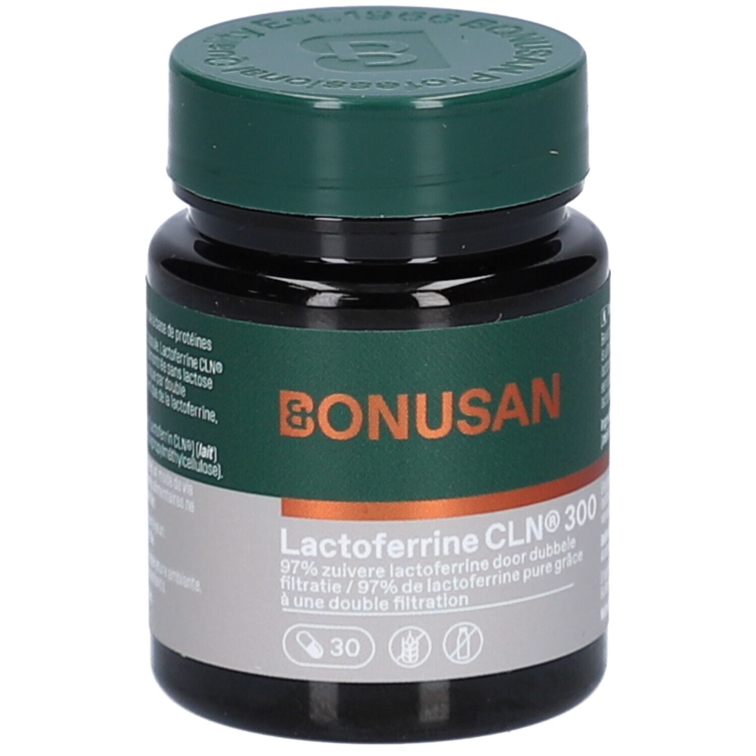 Flacon foncé, bouchon vert. Inscription: Bonusan, Lactoferrine CLN 300, 30 gélules. Double filtration.