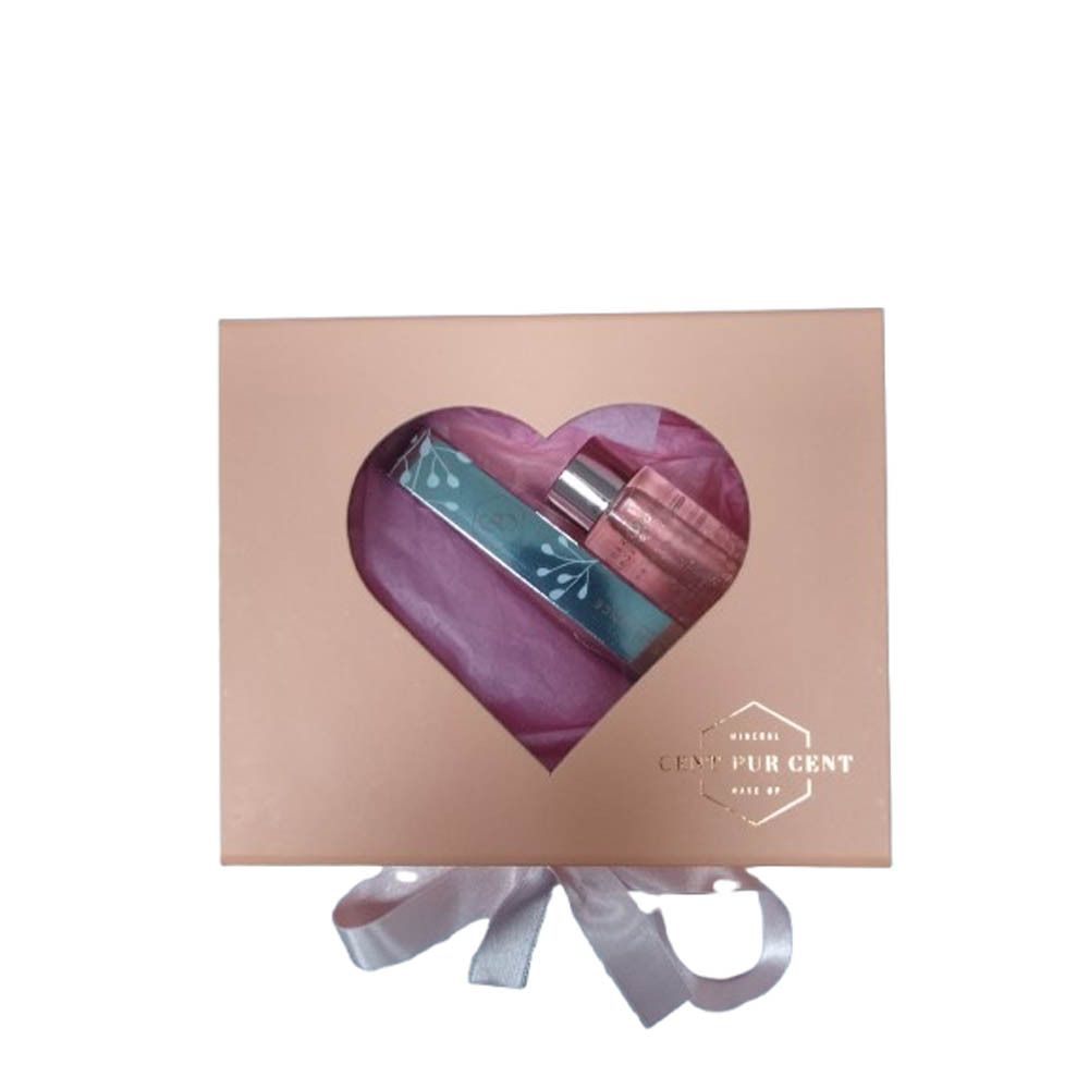 Geschenkdoos met hartvormig venster. Bevat twee producten. Roze lint onderaan. Logo: Cent Pur Cent.