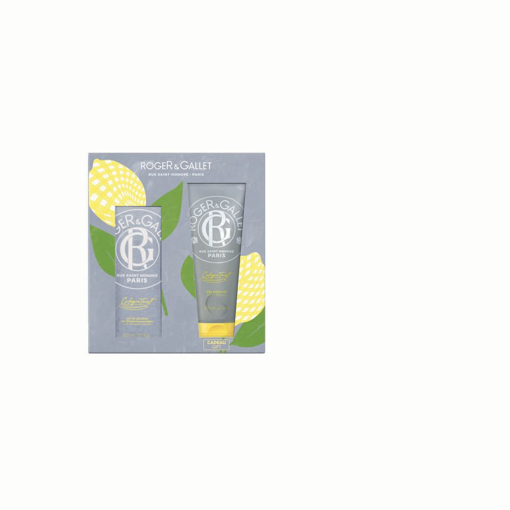 Coffret cadeau avec flacon et gel douche. Boîte grise avec illustrations de citrons jaunes. Marque et logo.