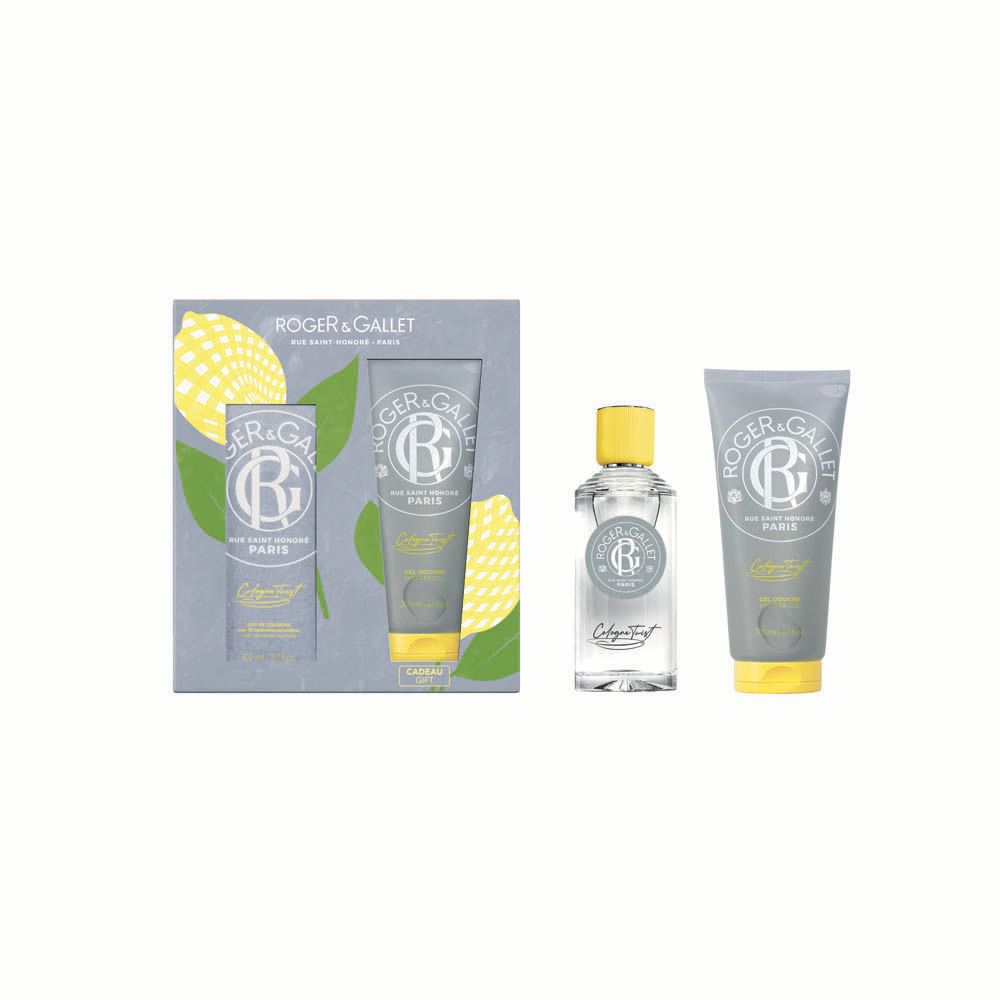 Coffret cadeau avec flacon, gel douche et flacon. Boîte grise avec illustrations de citrons jaunes.