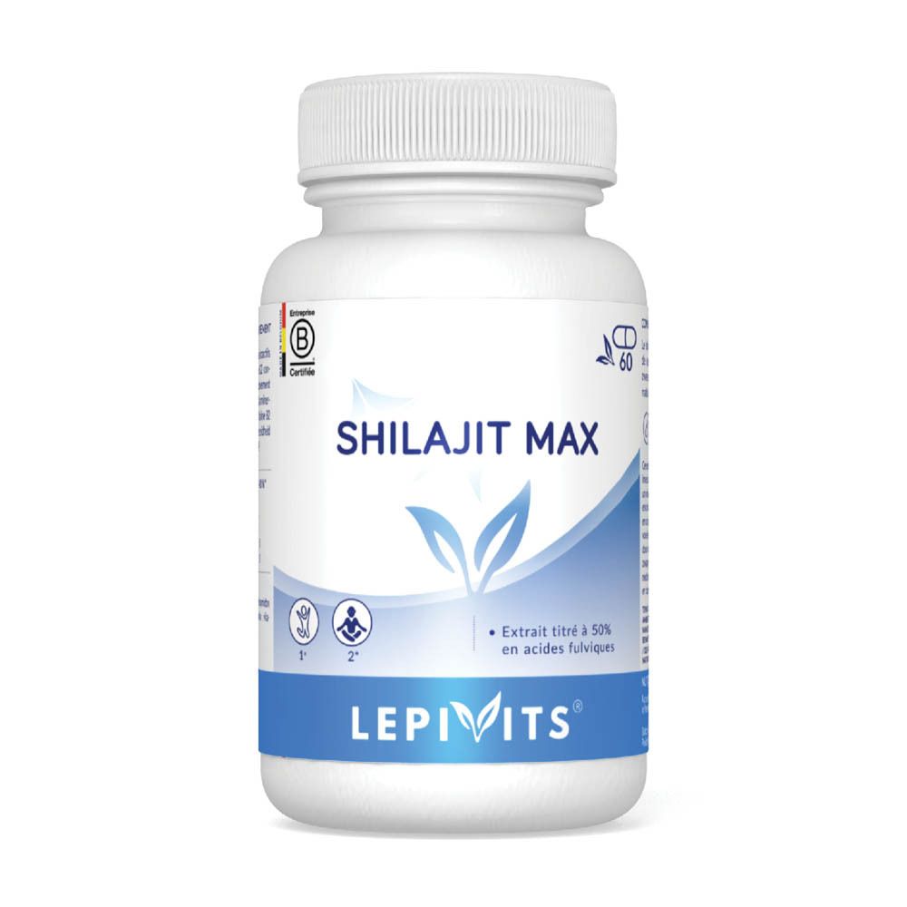 Witte fles met schroefdop. Opschrift: Shilajit Max. Merk: Lepivits. Bevat 60 capsules. Certificering.