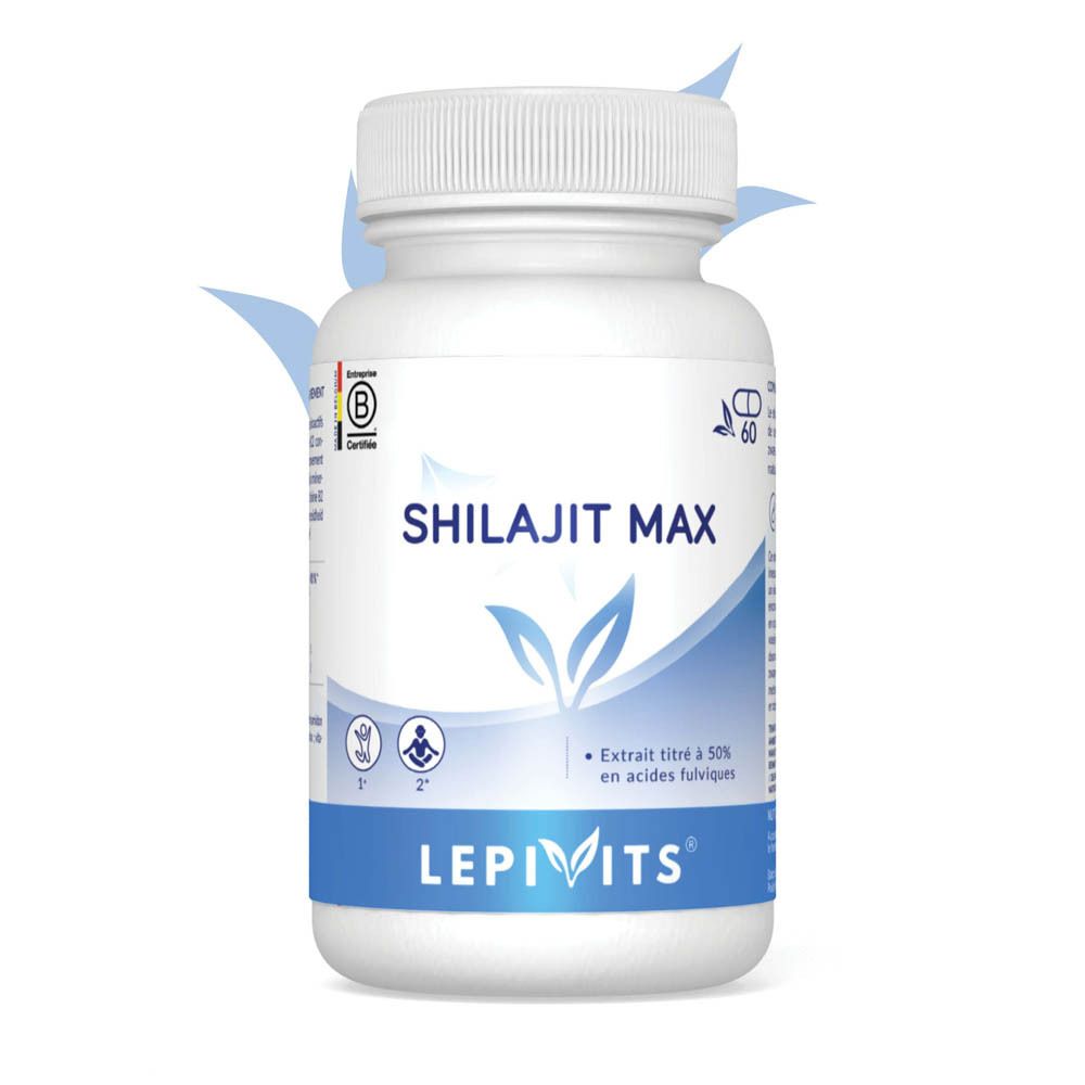 Witte fles met schroefdop. Opschrift: Shilajit Max. Merk: Lepivits. Bevat 60 capsules. Certificering.