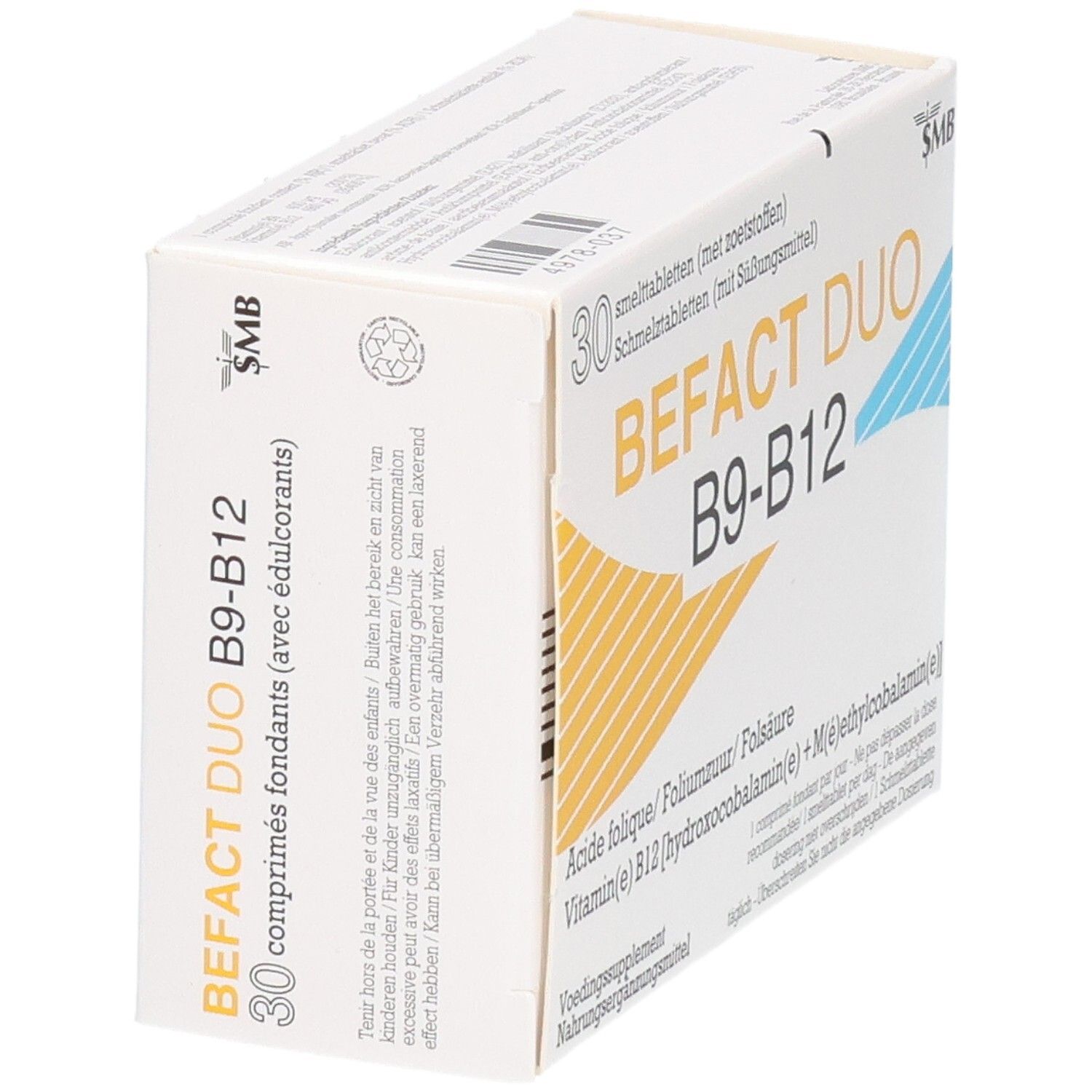 Emballage de BEFACT DUO B9-B12, 30 comprimés fondants, vue latérale.