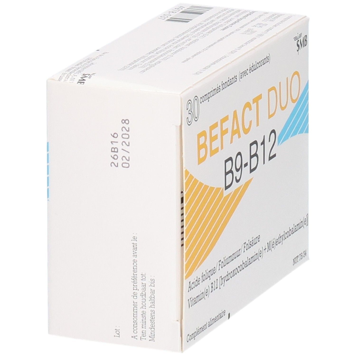 Emballage de BEFACT DUO B9-B12, 30 comprimés fondants, vue arrière.