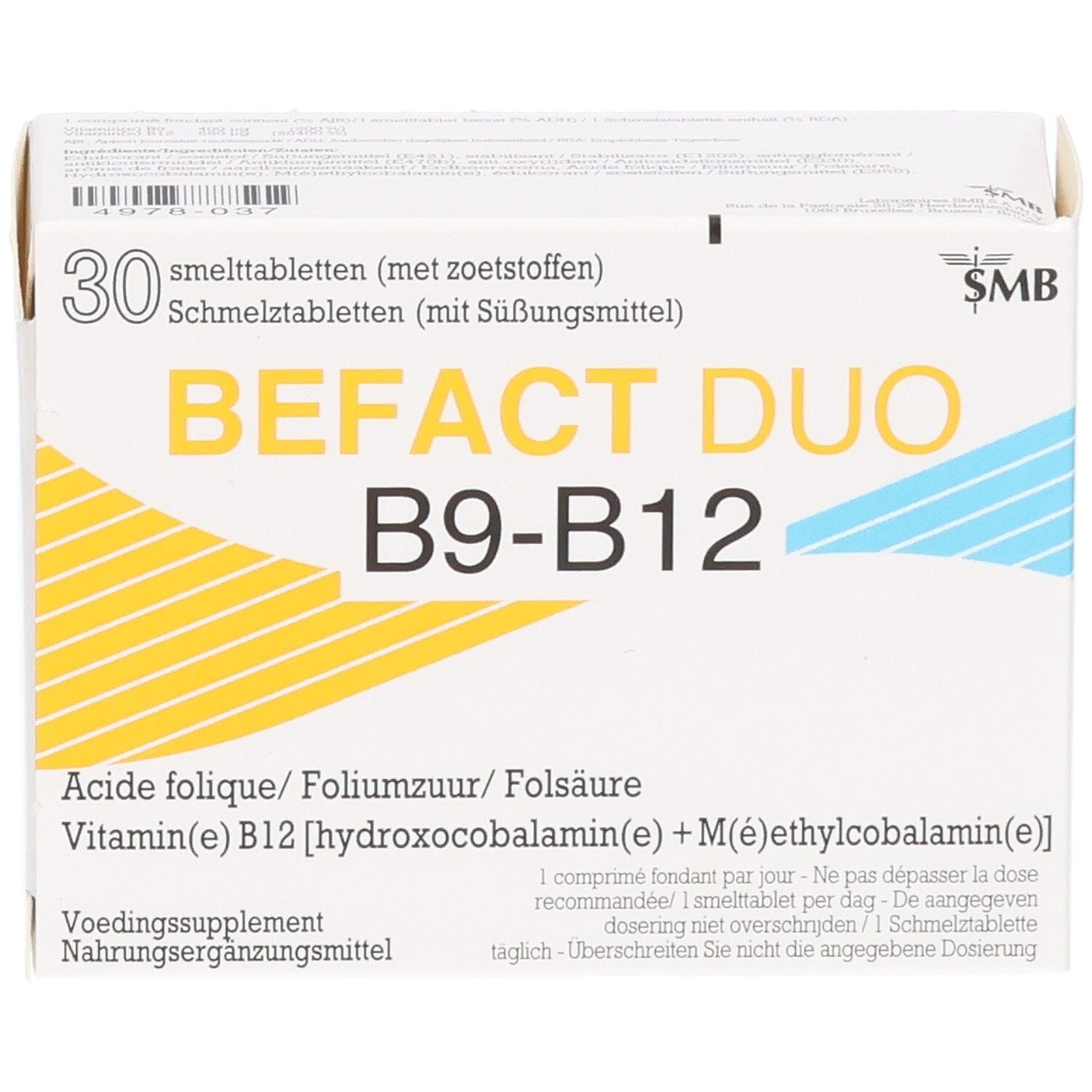 Emballage de BEFACT DUO B9-B12, 30 comprimés fondants, légèrement en biais.